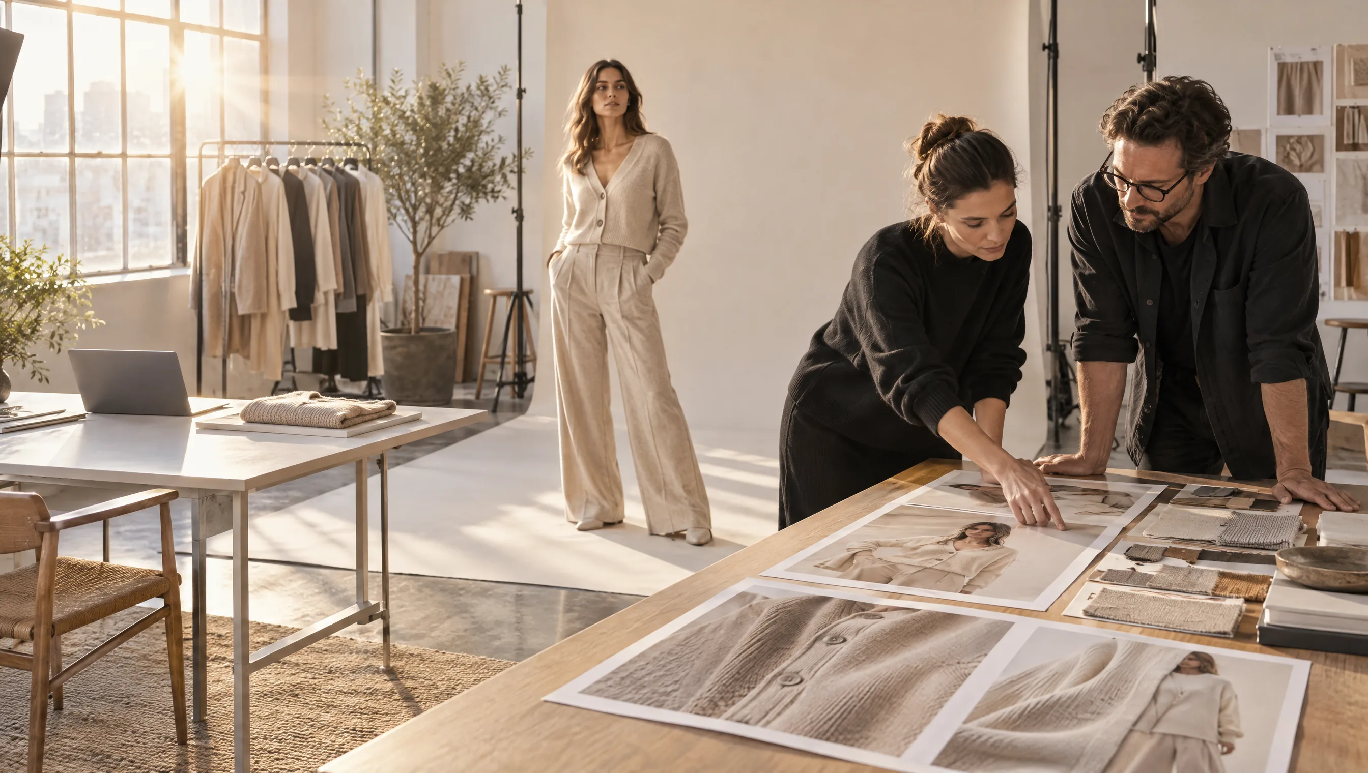 Fashion team reviewing on-model prints of a knit cardigan against fabric swatches in a studio.