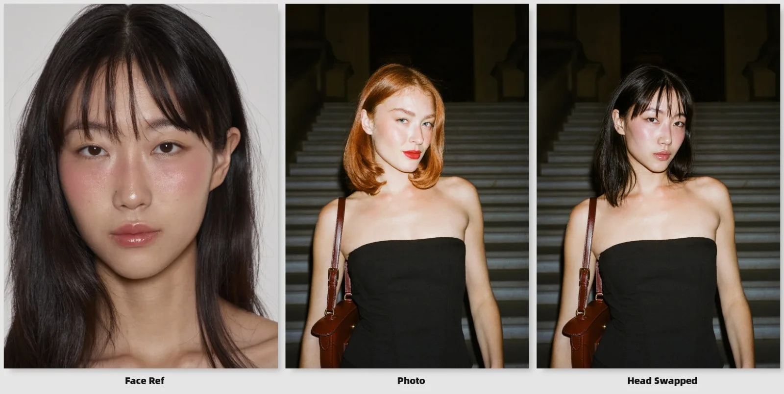Three panels: a face reference portrait; an original photo of an adult model in a black strapless top with a brown leather shoulder bag on dark stone steps at night; and the head-swapped result with the same top, bag, pose, steps and lighting.
