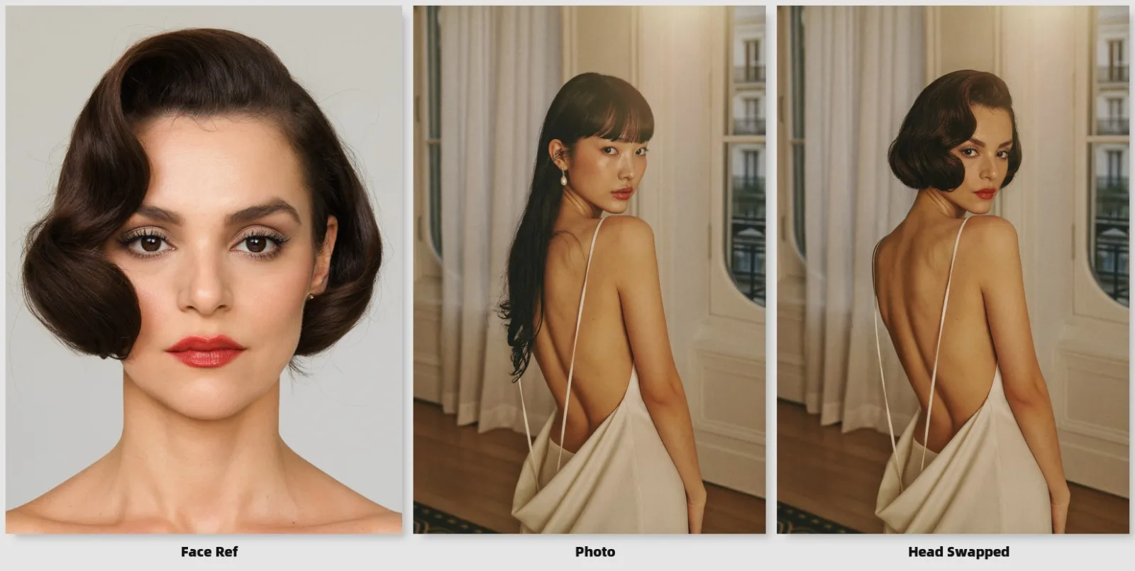 Three panels: a face reference portrait with short waved hair; an original photo of an adult model from behind in an ivory open-back slip dress beside tall windows; and the head-swapped result with the same dress, pose, room and window light.