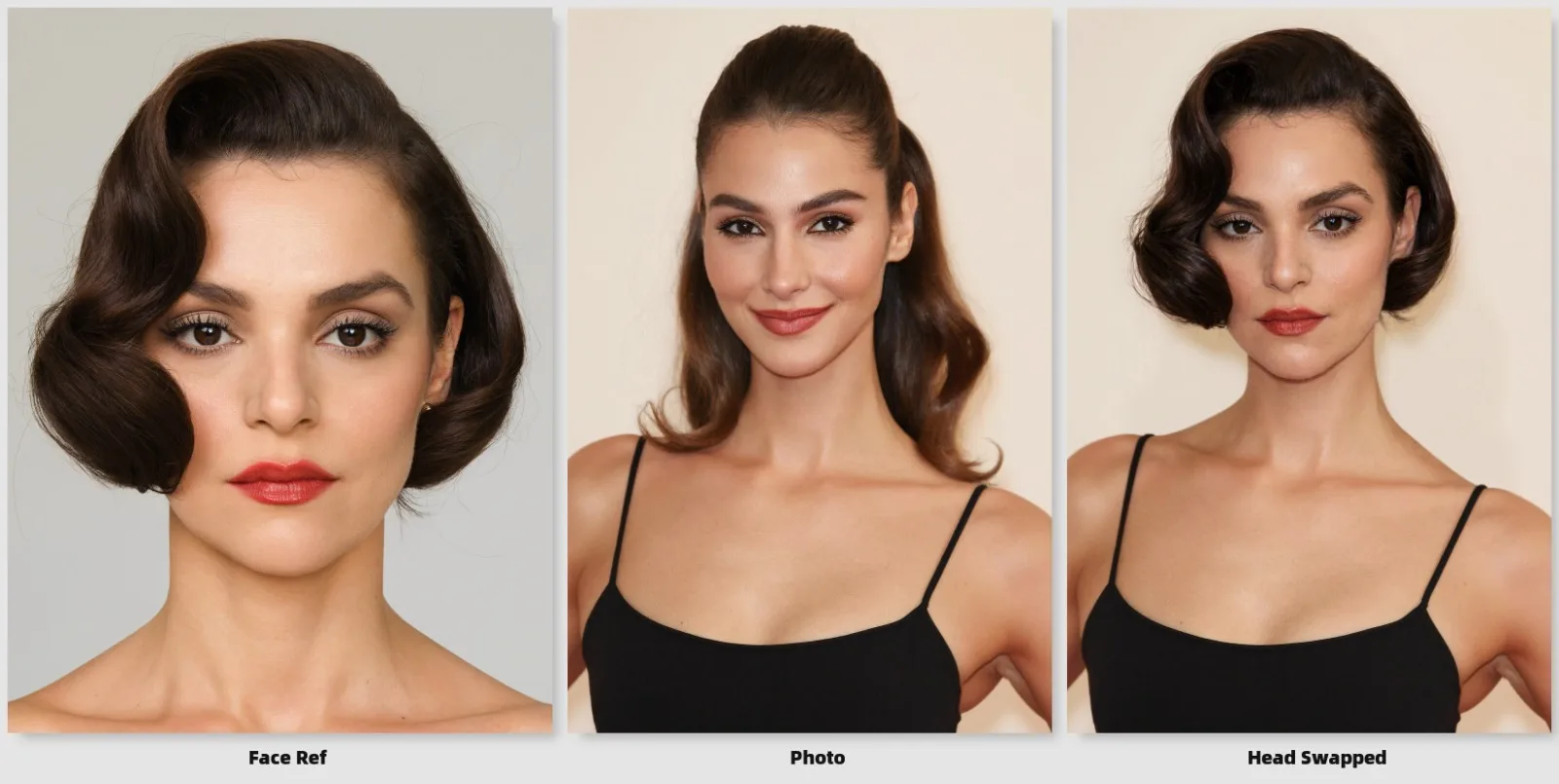 Three panels: a face reference portrait with short waved hair; an original photo of an adult model in a black spaghetti-strap top against a cream wall; and the head-swapped result with the same top, framing and background.
