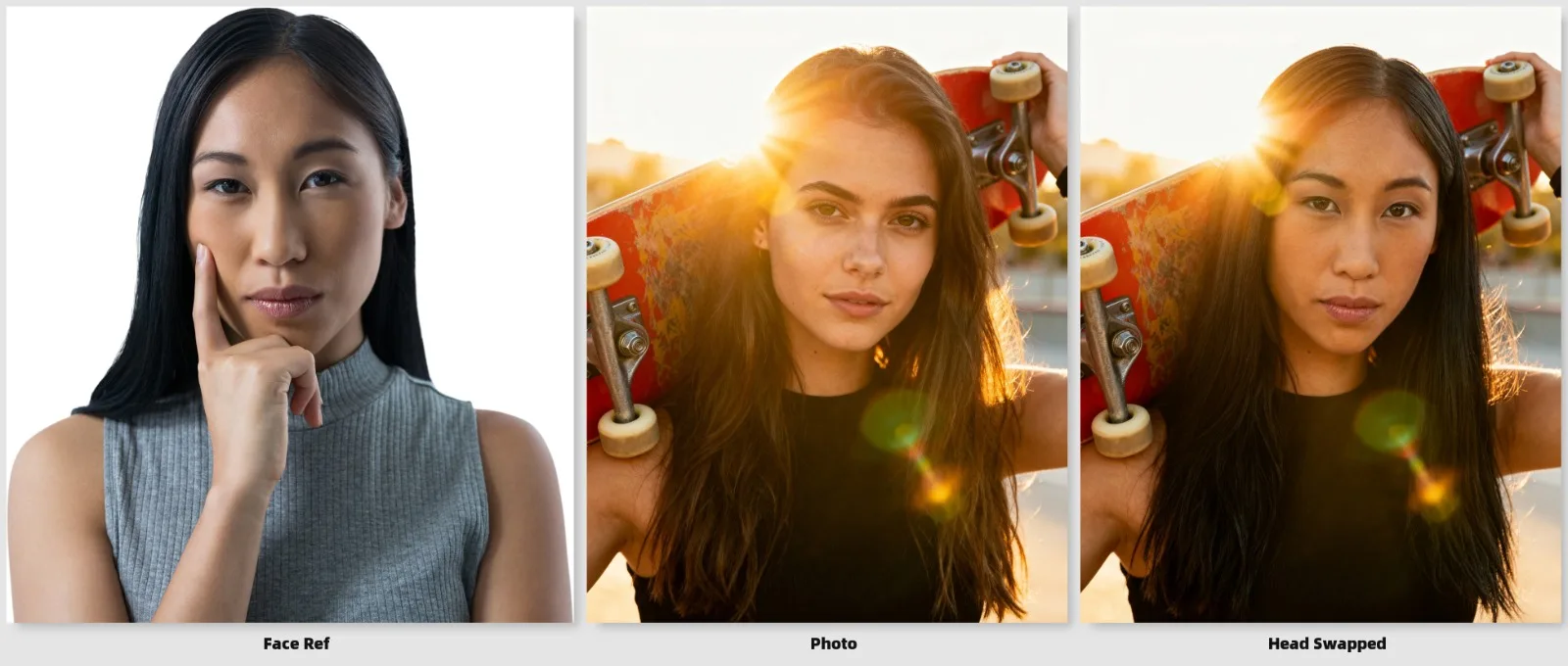 Three panels: a face reference portrait against white; an original photo of an adult model in a black top holding a red skateboard behind the shoulders in low sun; and the head-swapped result with the same top, skateboard, pose and sun flare.