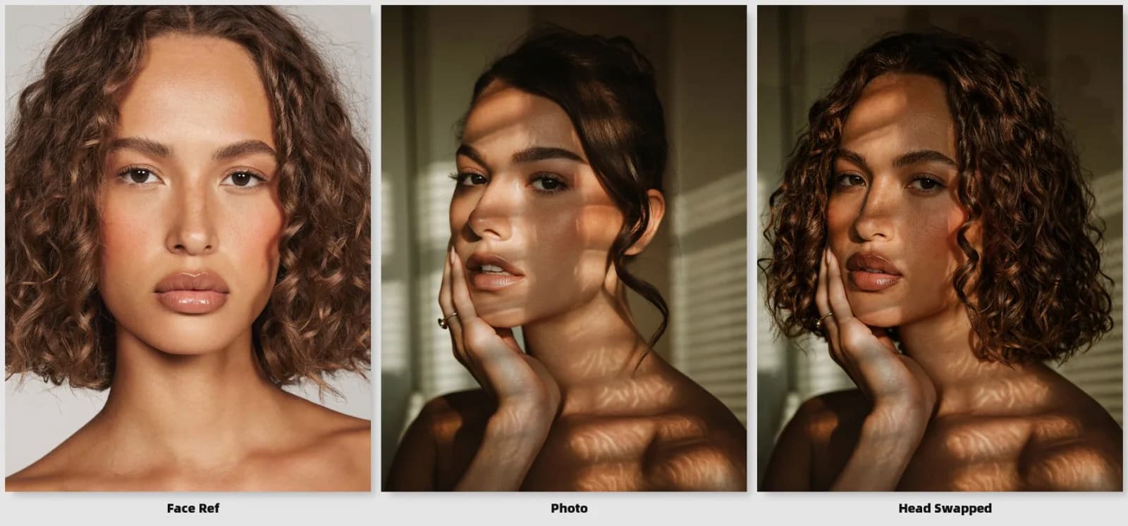 Three panels: a face reference portrait with curly hair; an original photo of an adult model with a hand to the cheek in striped window light; and the head-swapped result with the same pose, ring, hand position and light pattern.