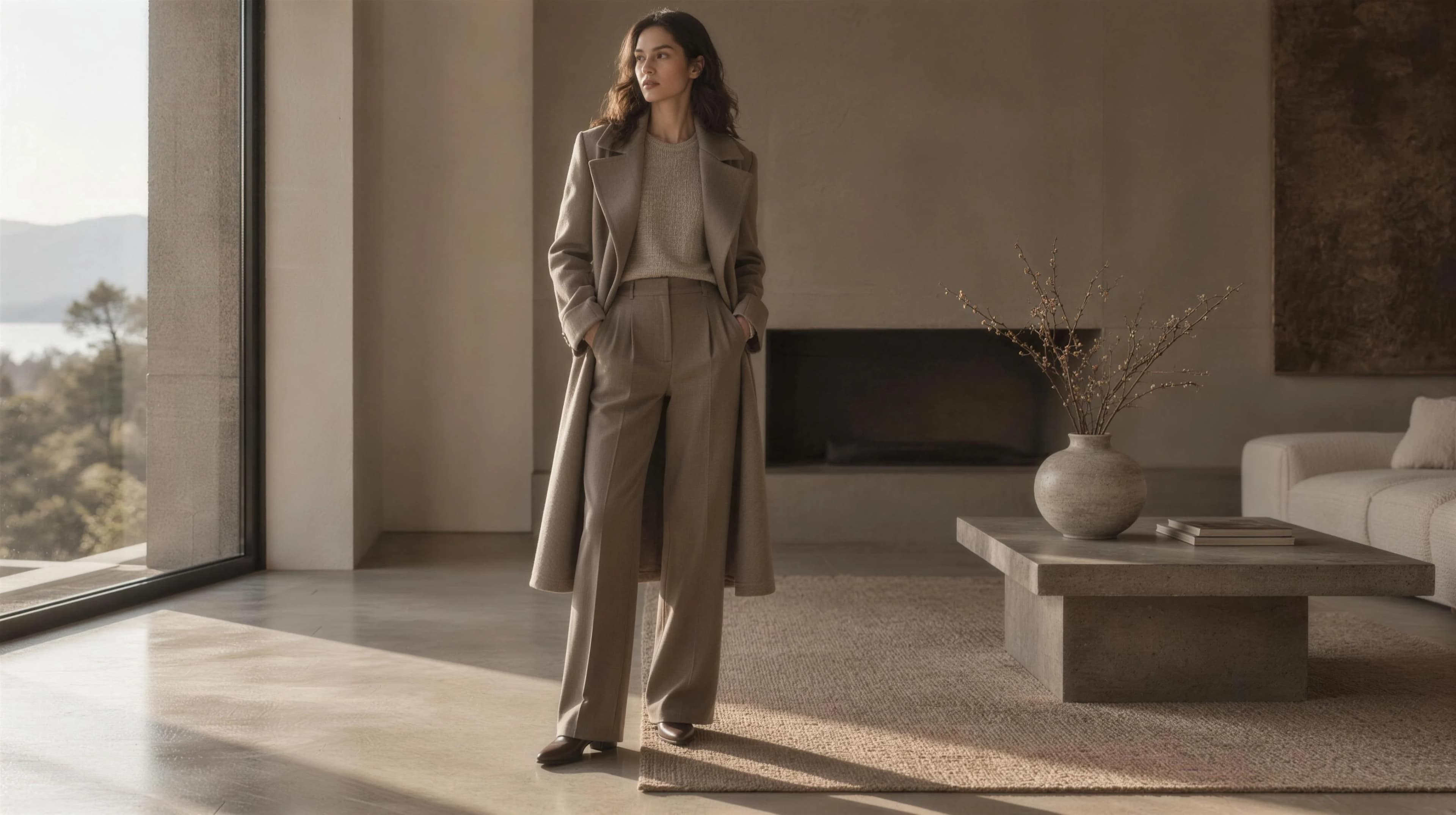 Adult woman in a taupe coat and wide trousers standing in a sunlit contemporary interior.