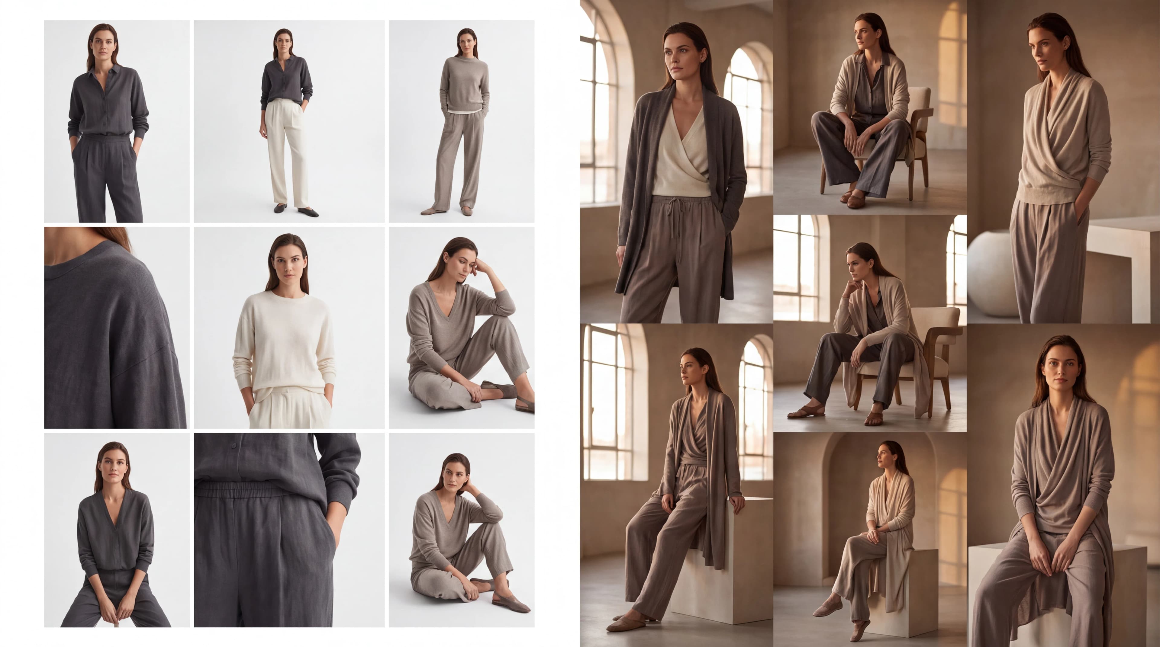 Adult woman in a navy blazer across a four-frame catalogue grid beside an adult woman in a red dress campaign family.