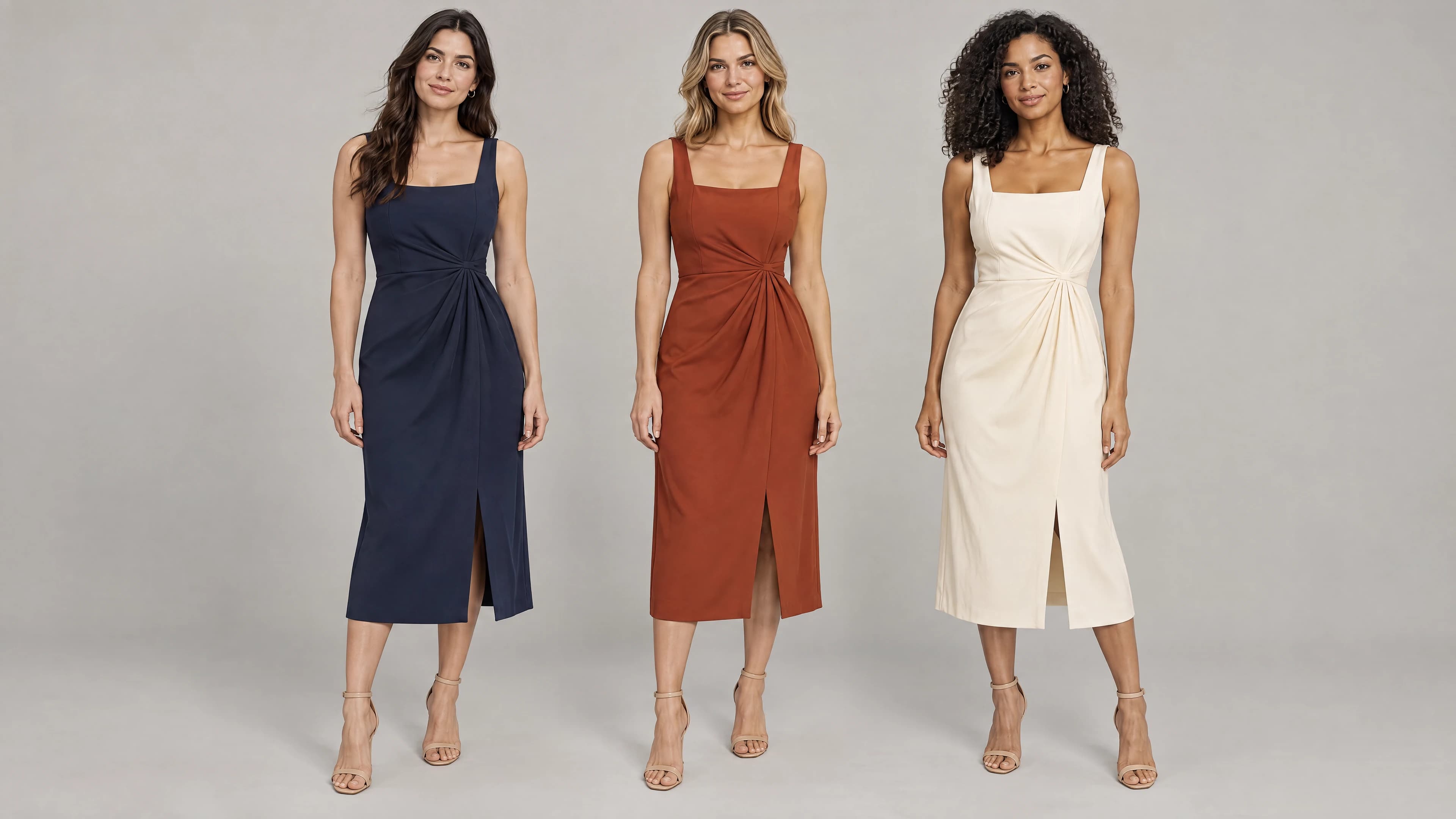 Three adult women in the same catalogue dress, shown as navy, rust, and cream colourways in a clean studio.