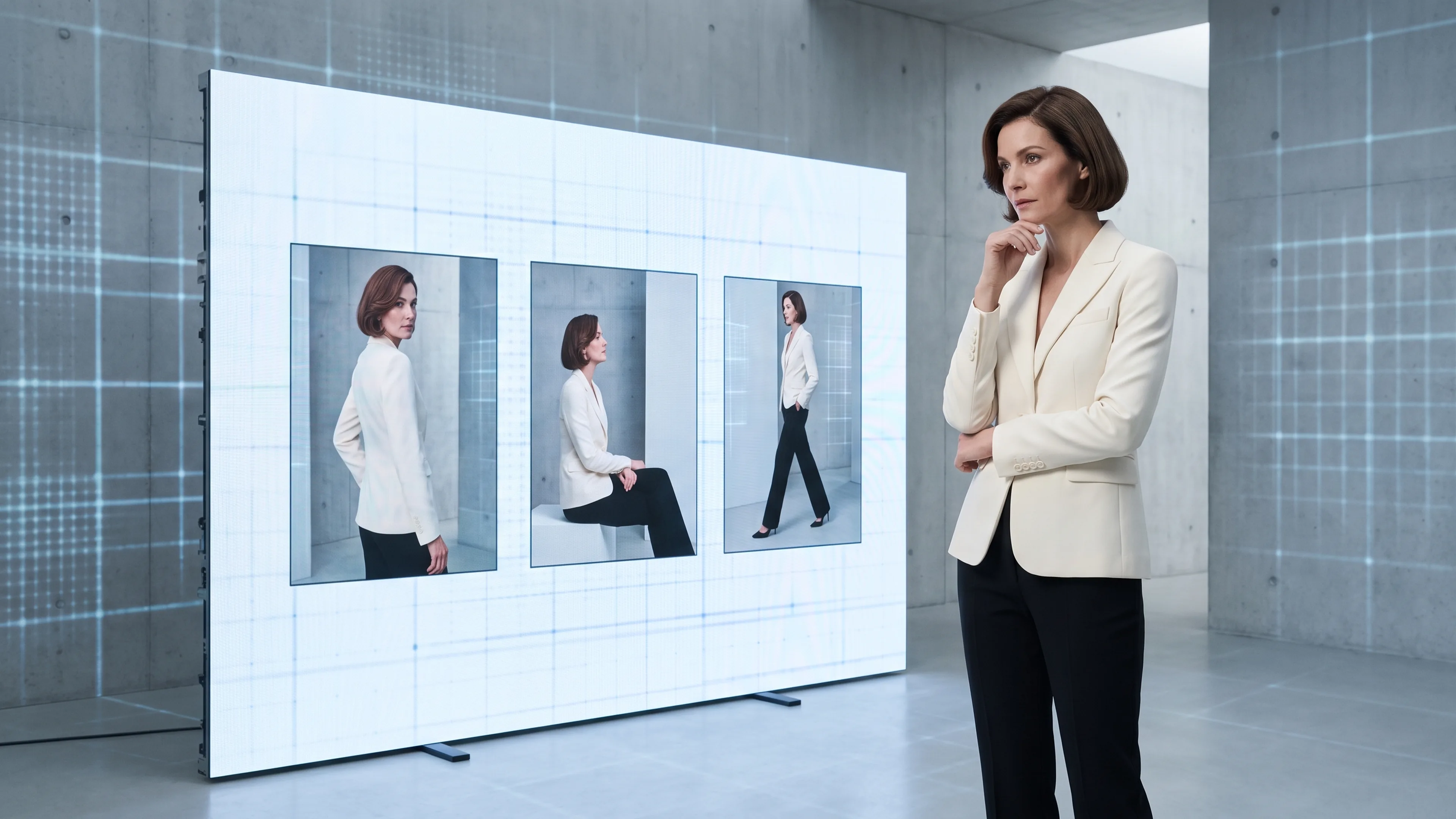 Adult model in an ivory blazer and black trousers standing in a minimalist studio beside a screen showing her in three alternative poses.