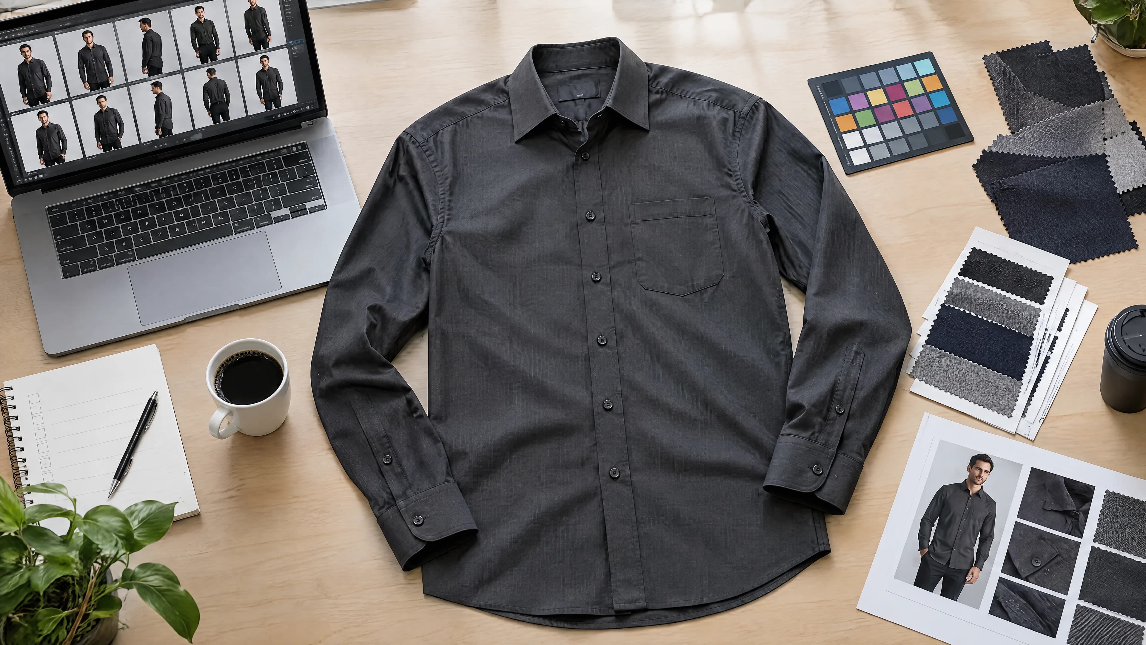 Adult charcoal shirt on a QC desk beside a laptop contact sheet and printed catalogue plates.