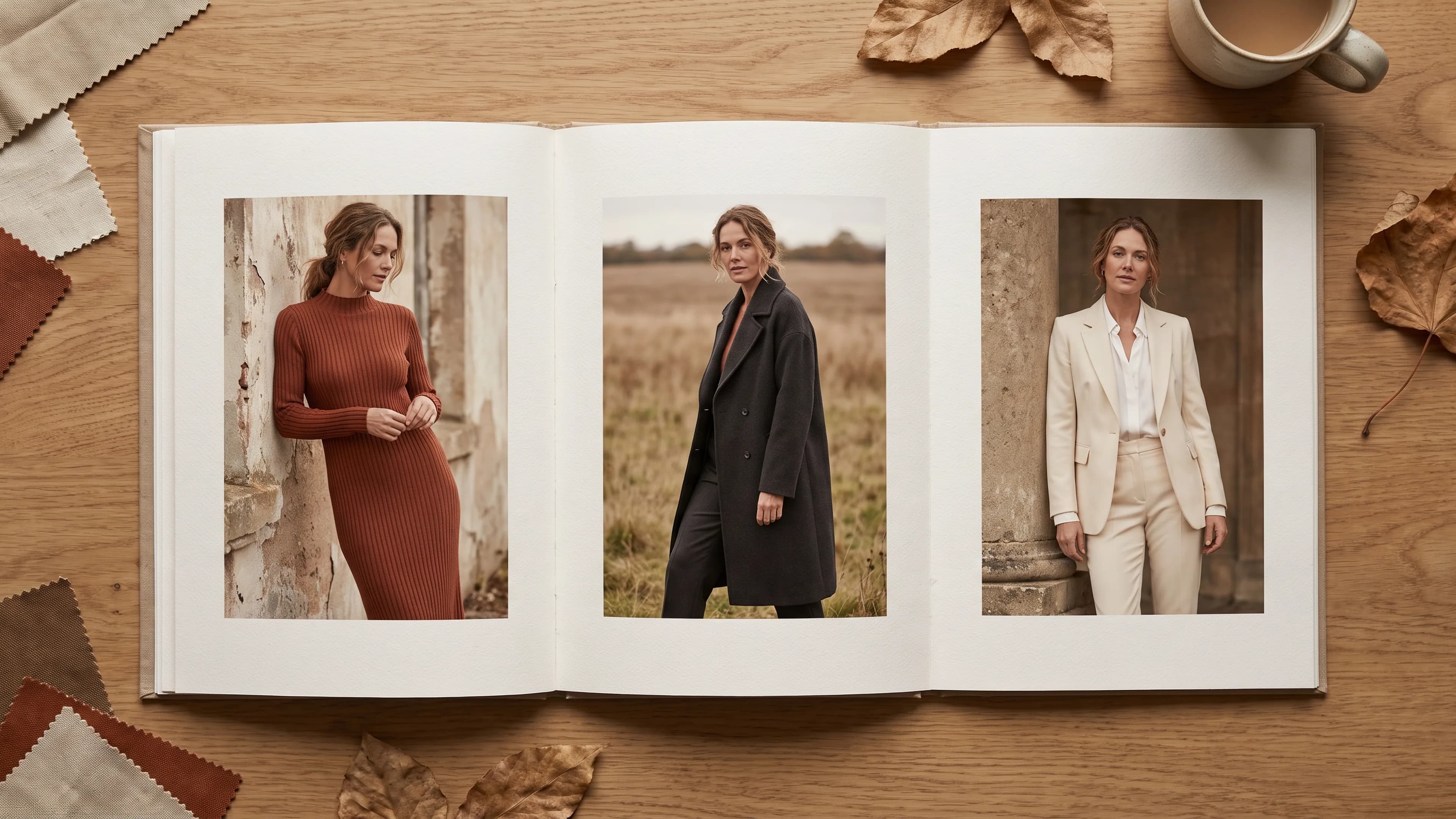 Open printed lookbook on a wooden table showing one adult model in three autumn looks: a rust knit dress, a charcoal coat and a cream suit.