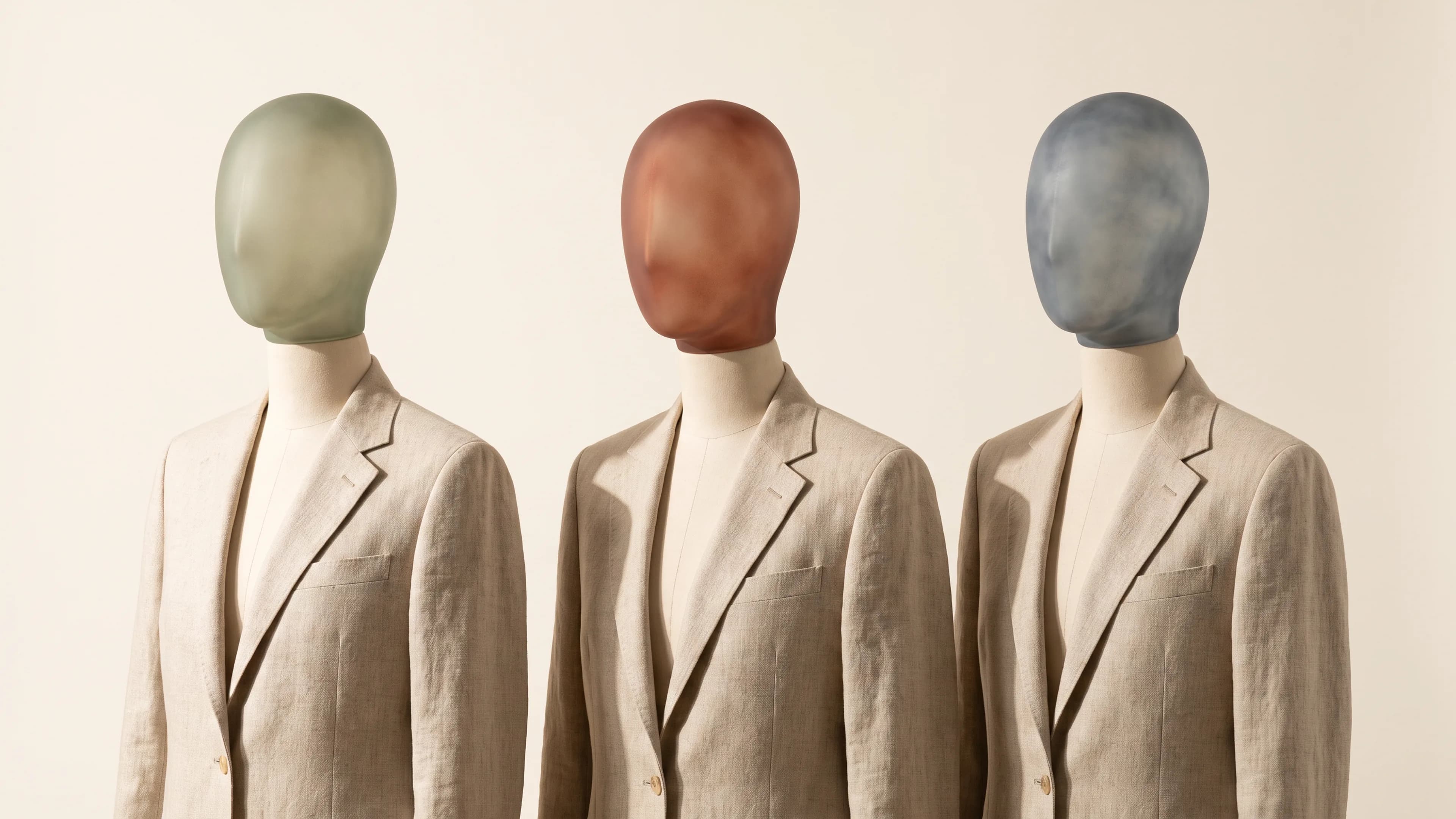 Three identical oatmeal linen jackets on dress forms topped with sage, rust and slate frosted head shapes, showing identity changing while the garment stays the same.