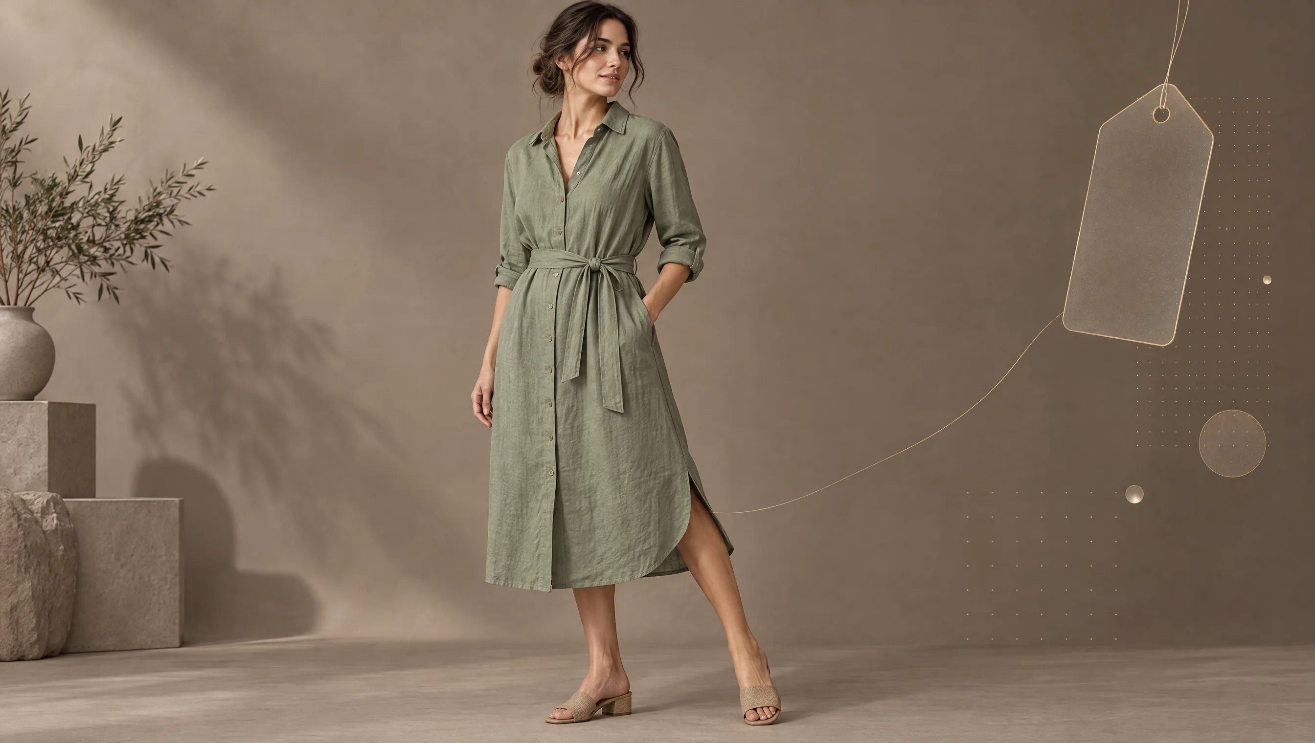 Adult woman in a sage linen shirt dress on a warm taupe seamless set, with a faint gold hang-tag outline and a fine dotted grid at the frame edge.