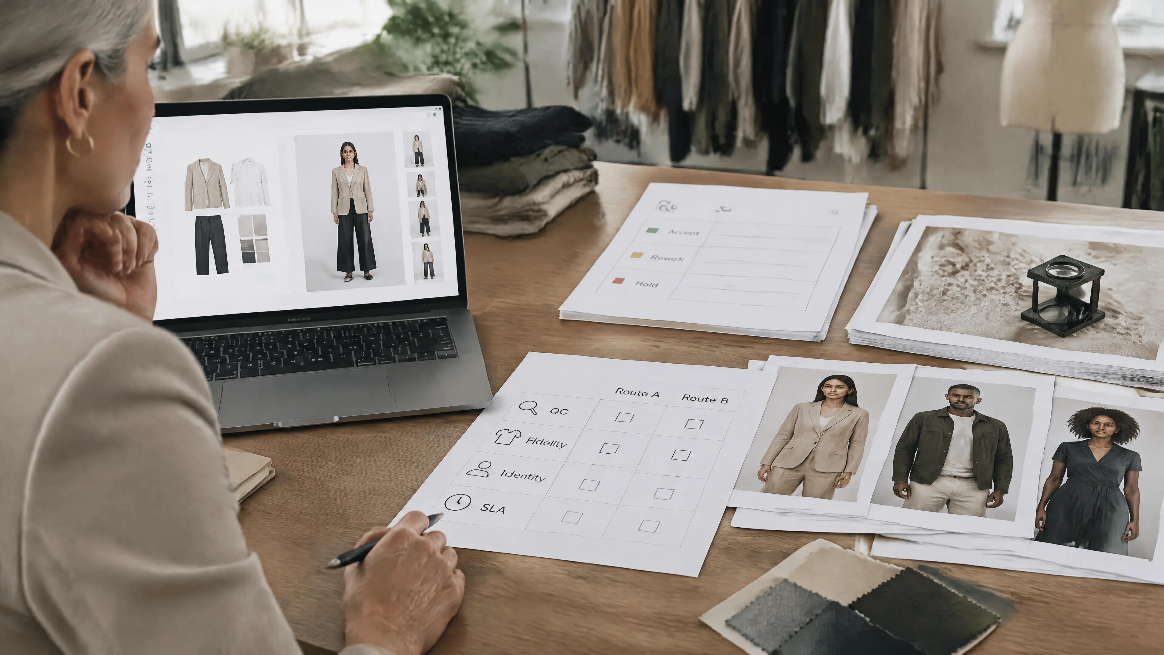 Adult woman in a navy blazer reviewing fashion catalogue stills on a QC desk beside a laptop and printed plates.