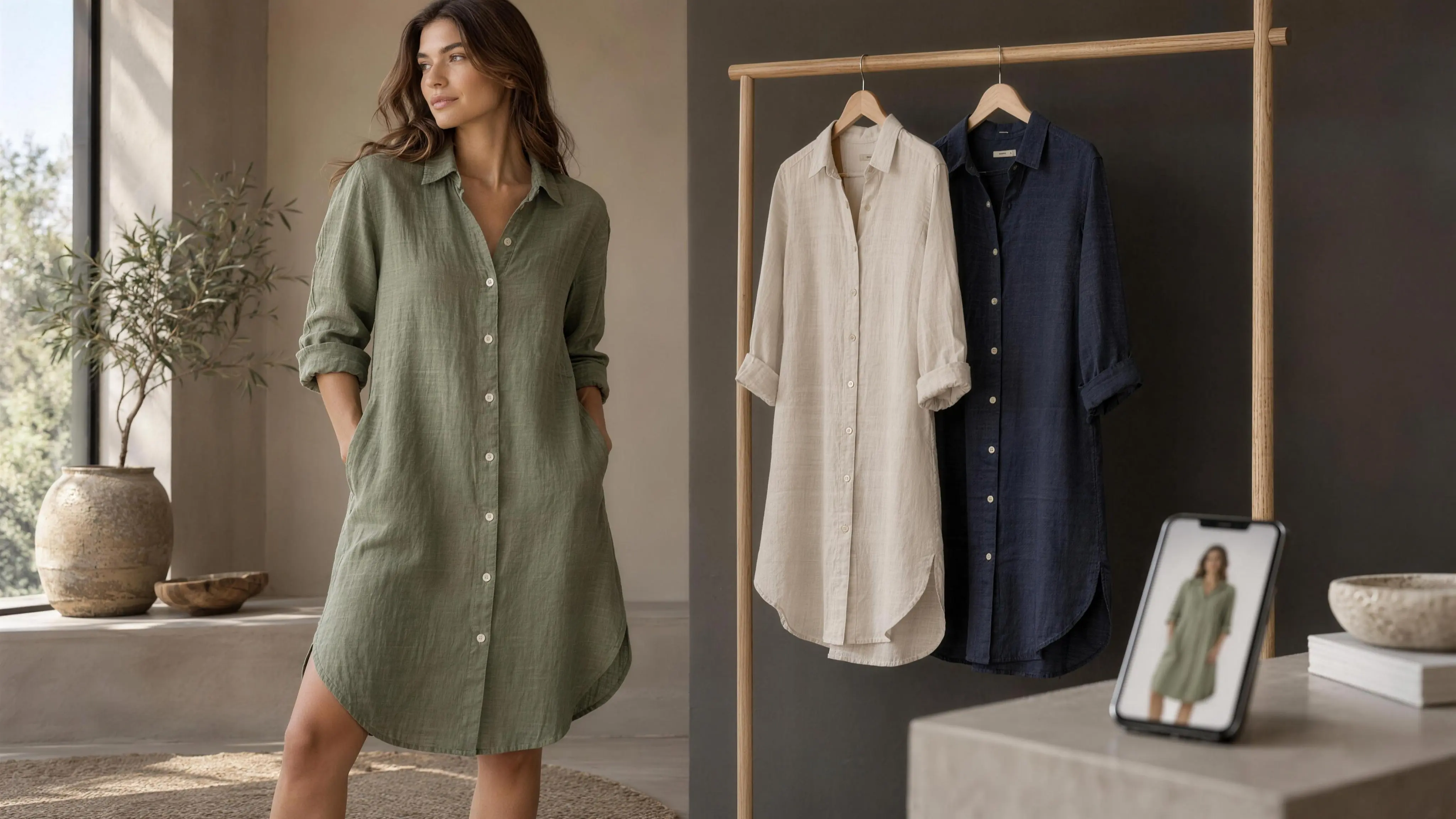Adult woman in a sage linen shirt dress with visible buttons and collar, beside ecru and navy versions of the same dress on an oak rail, and a phone shopping preview.