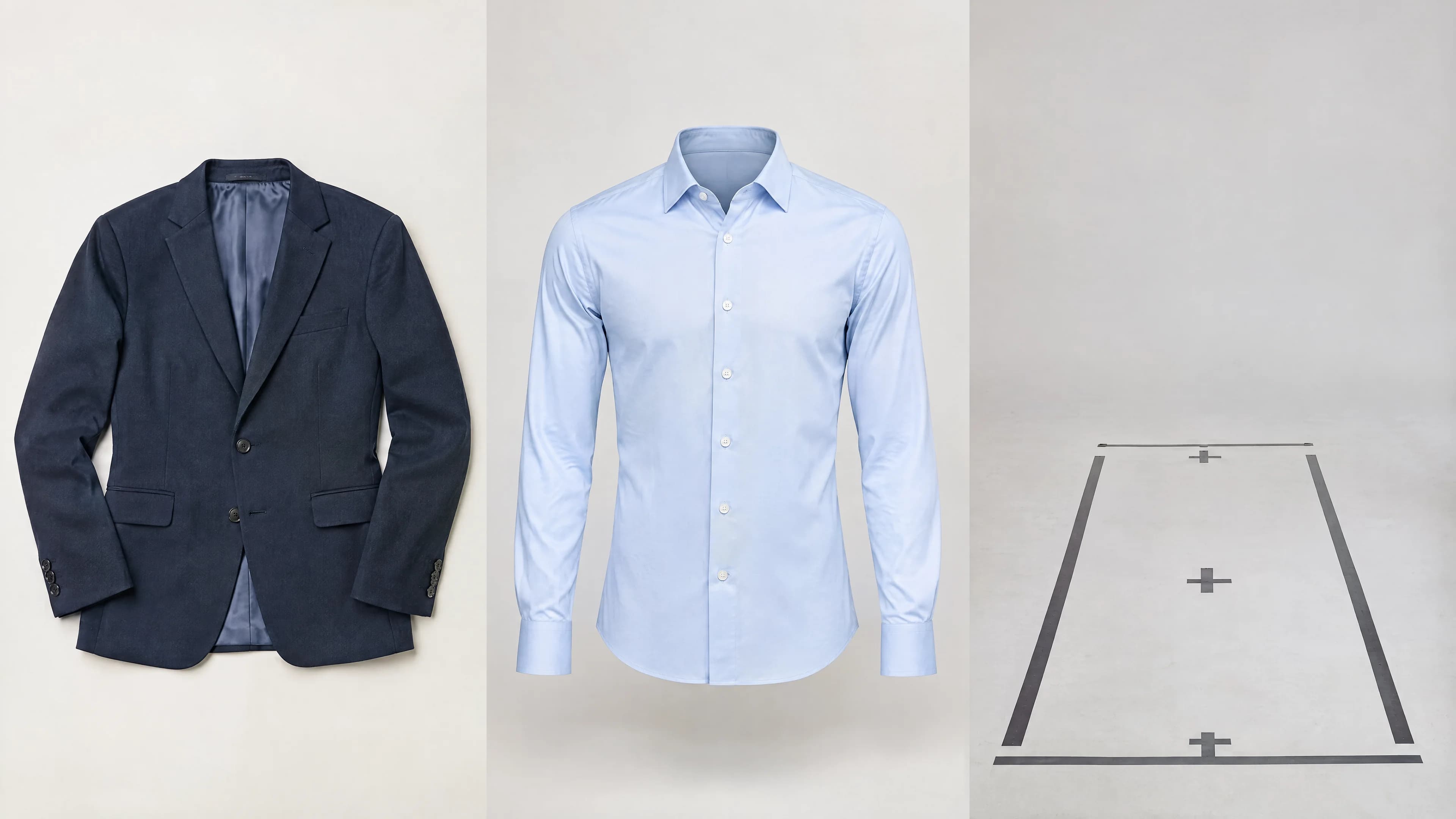 Adult navy blazer, ghost-mannequin dress shirt and a marked studio floor compared as photography routes.