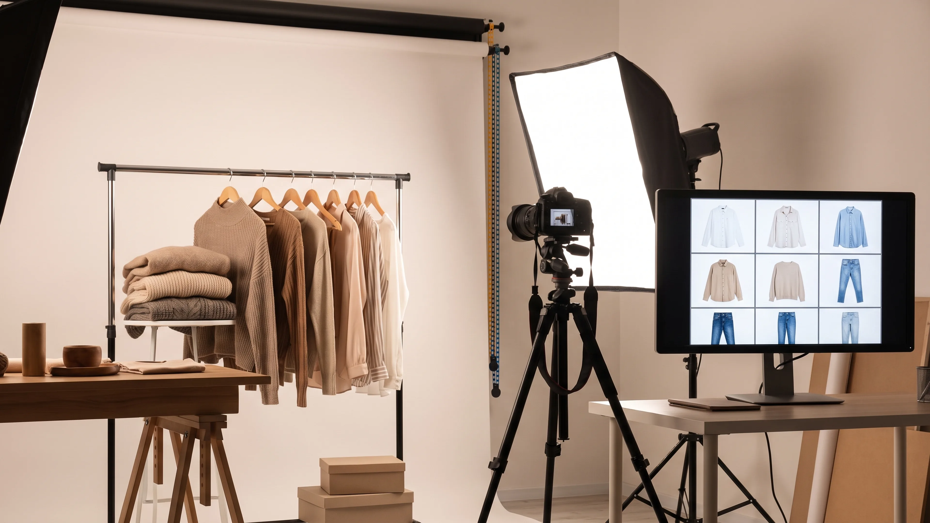 Ecommerce photo studio with a clothing rack, softbox lights, a camera on a tripod and a monitor showing a grid of white-background product shots.