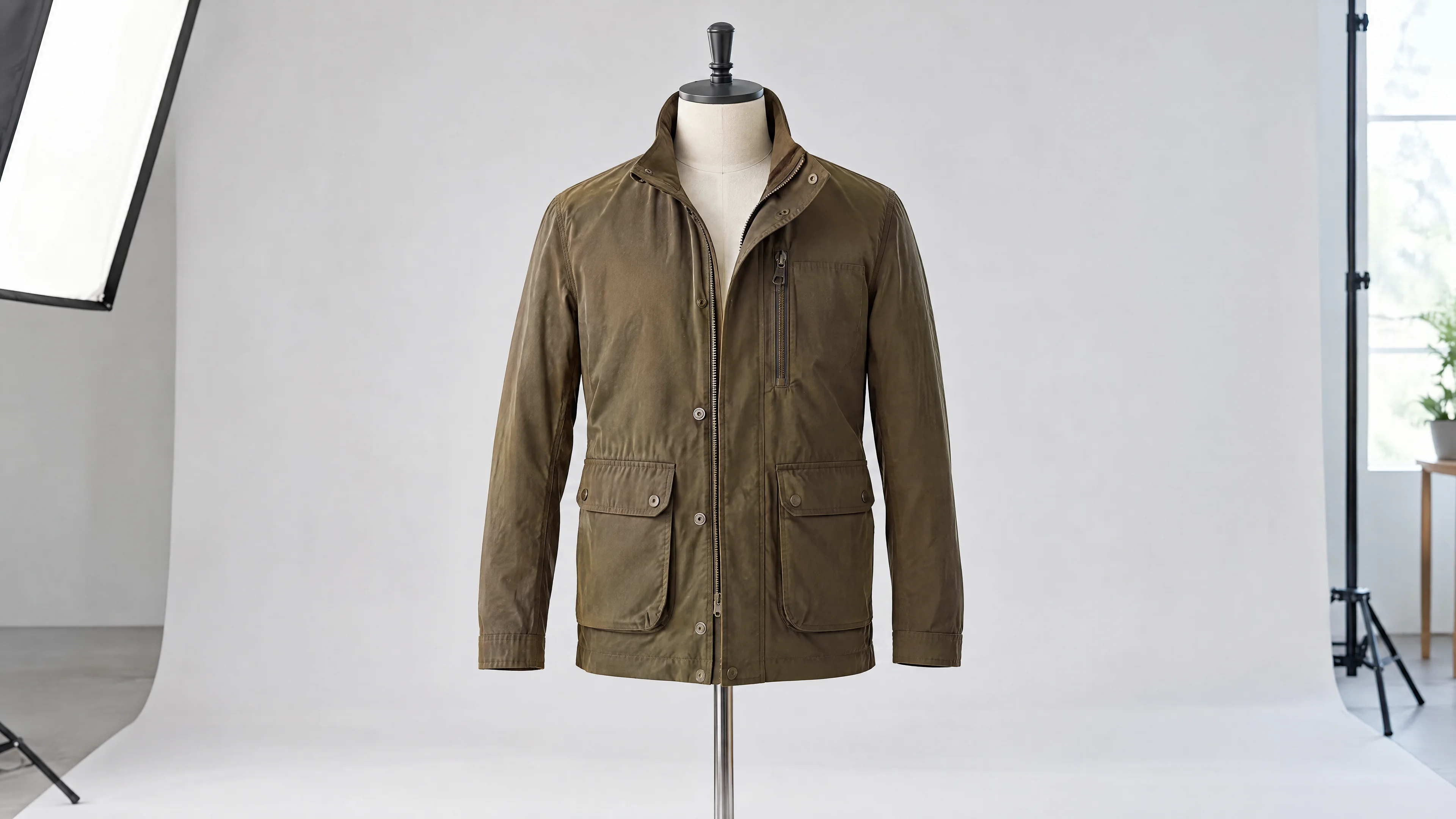 Olive adult field jacket on a dress form in a catalogue studio.