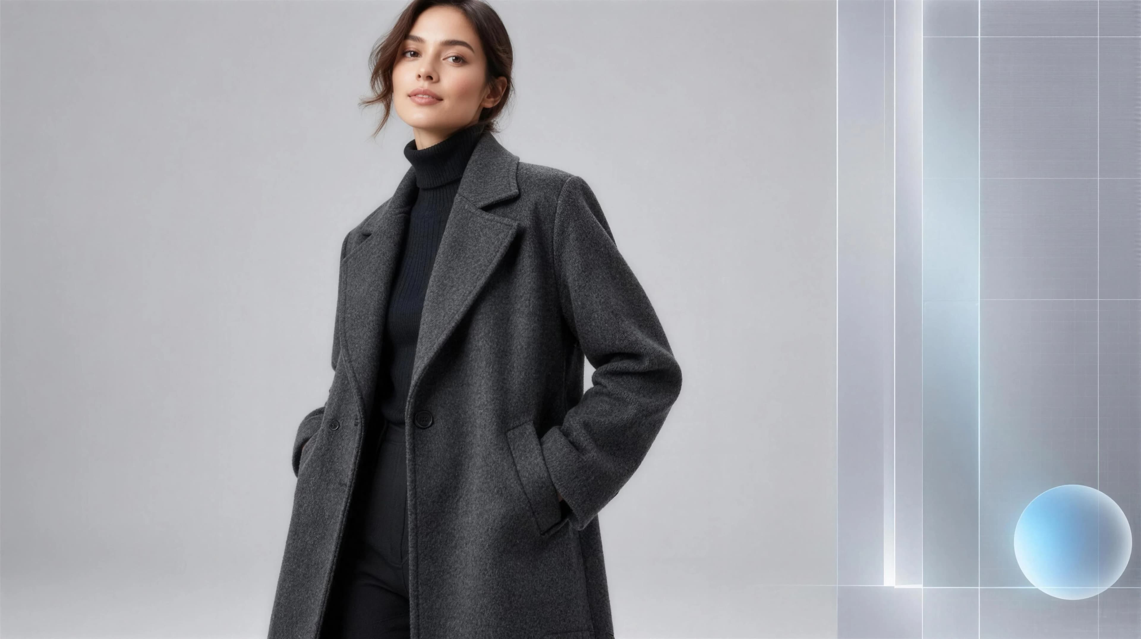 Adult woman in a charcoal wool coat and black turtleneck in a grey studio, with a faint luminous grid and a soft blue light along one edge.