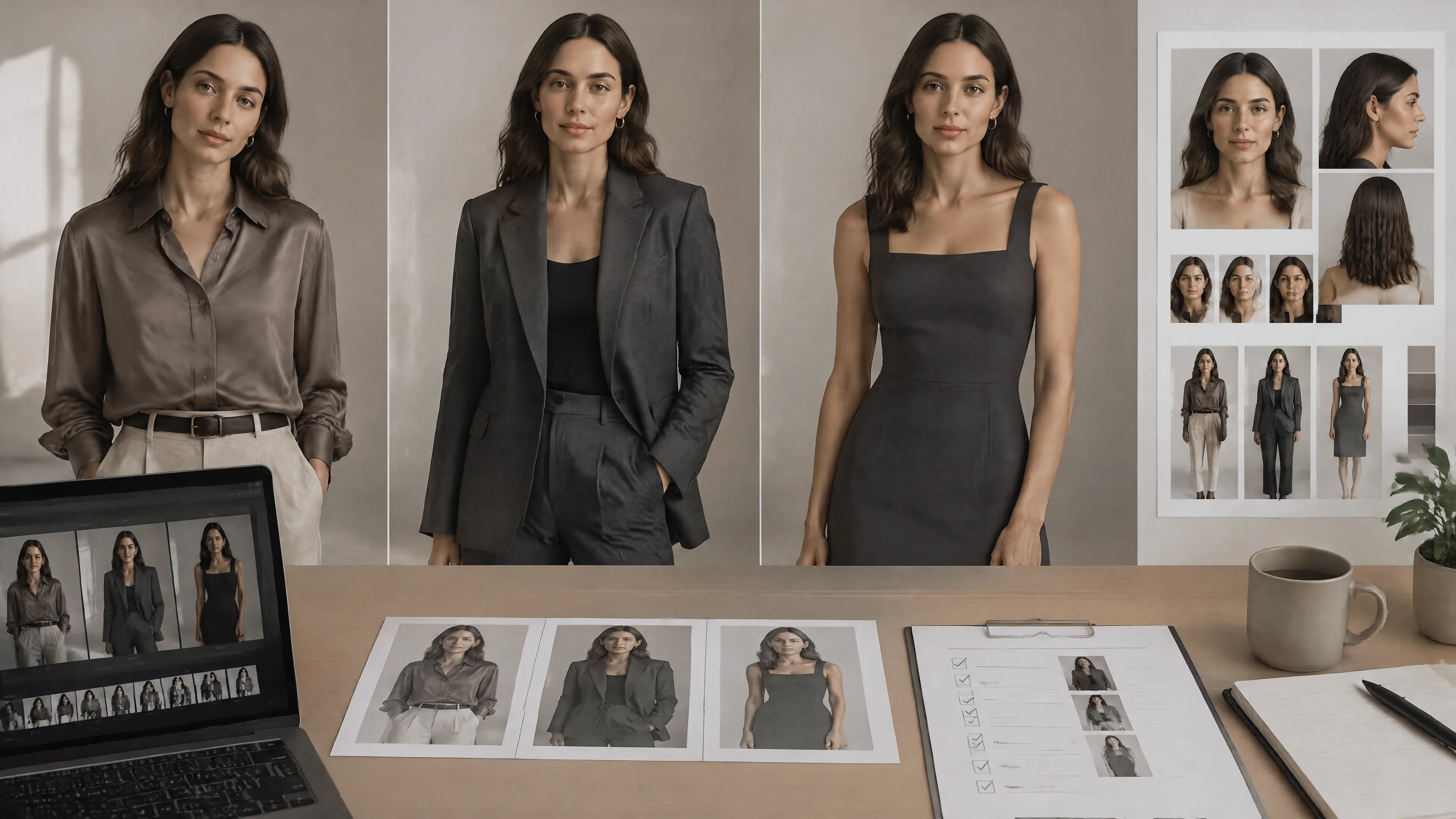 Adult woman in a navy blazer beside catalogue frames of the same model in other garments on a QC desk.