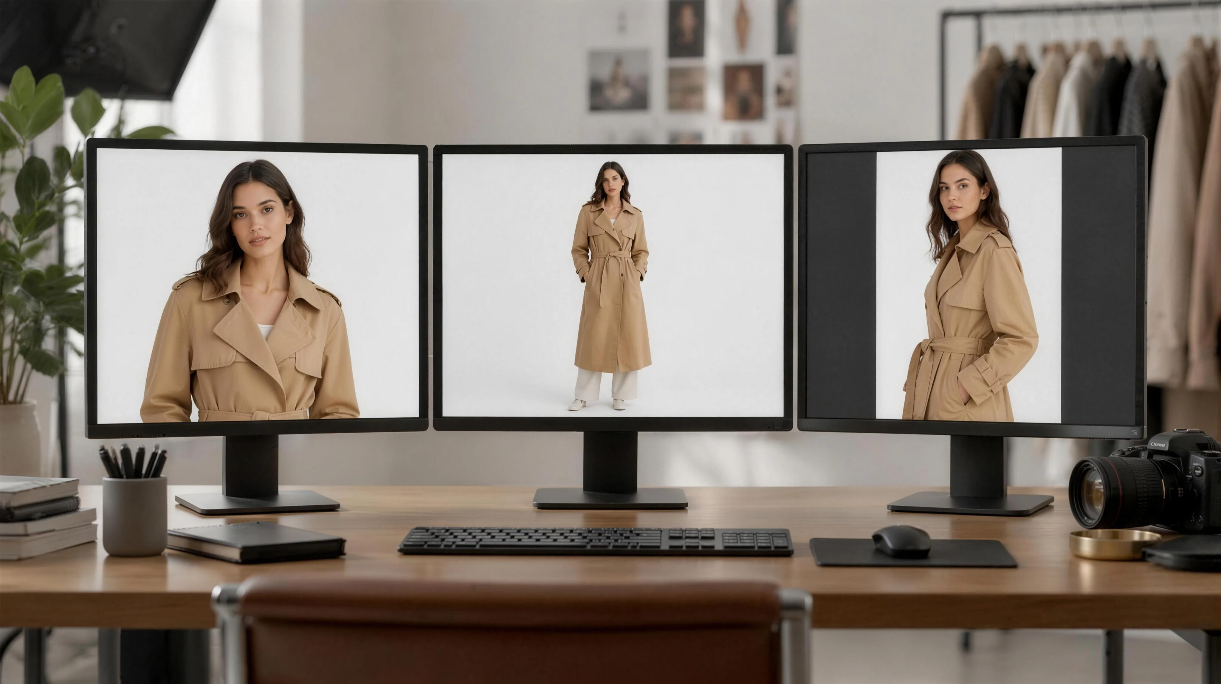 Adult woman in a camel coat beside three frames of the same outfit: a square storefront crop, a pure-white on-model frame, and a portrait catalogue crop.