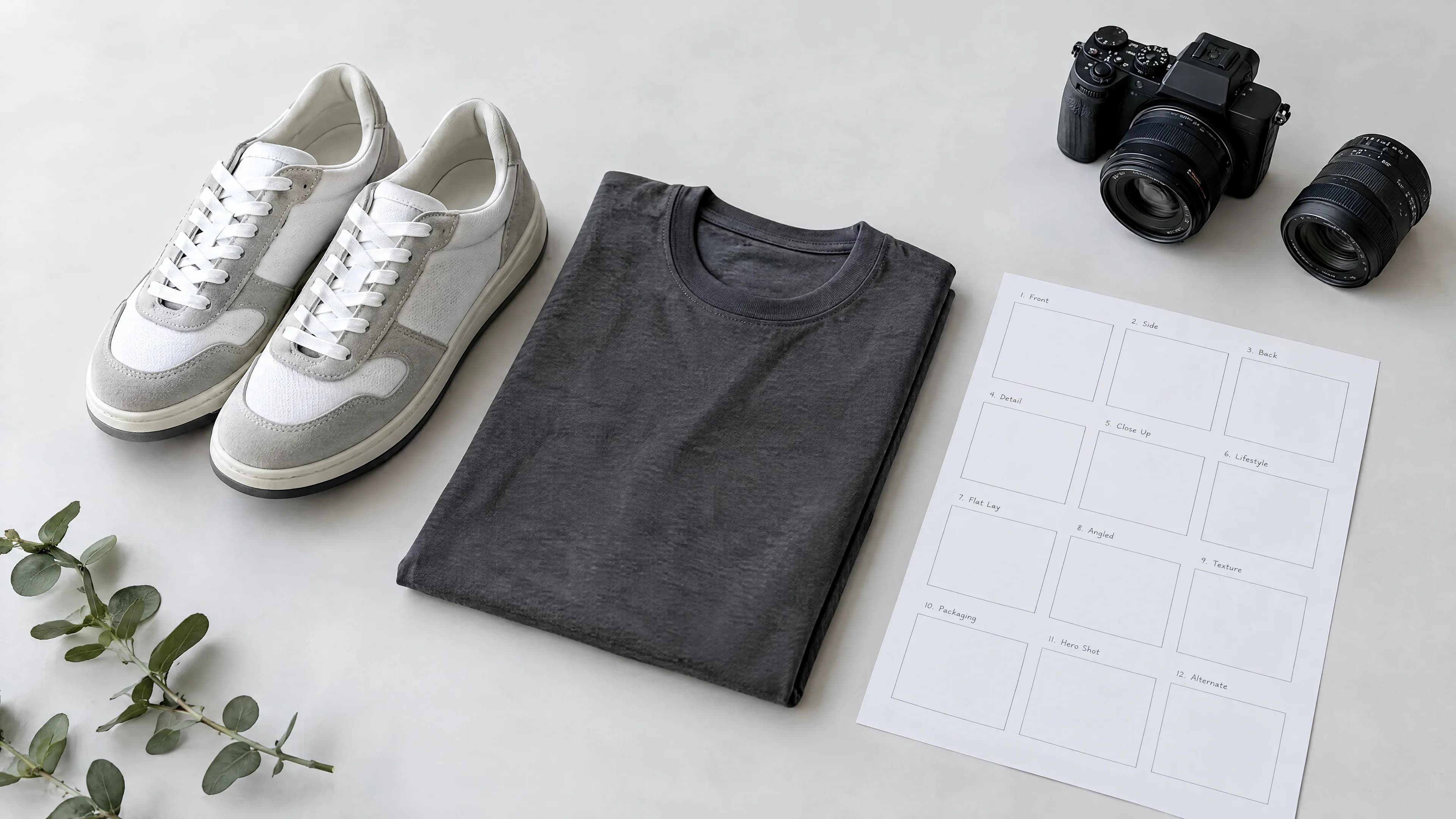 Adult sneakers, folded T-shirt, camera kit and a printed shot-list grid on a studio table.