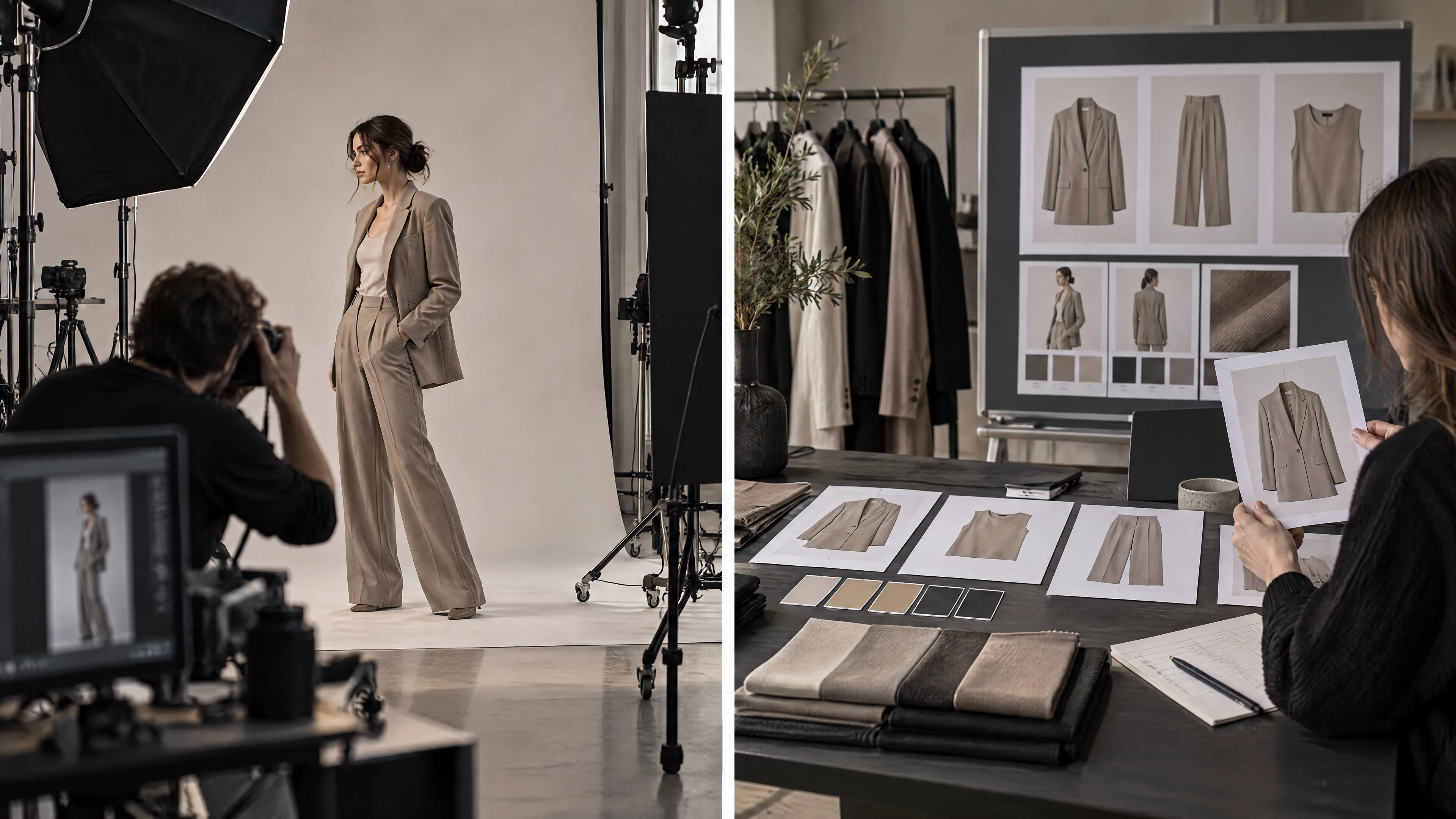 Adult woman in a navy blazer on a photography set beside the same woman reviewing catalogue frames at a QC desk.