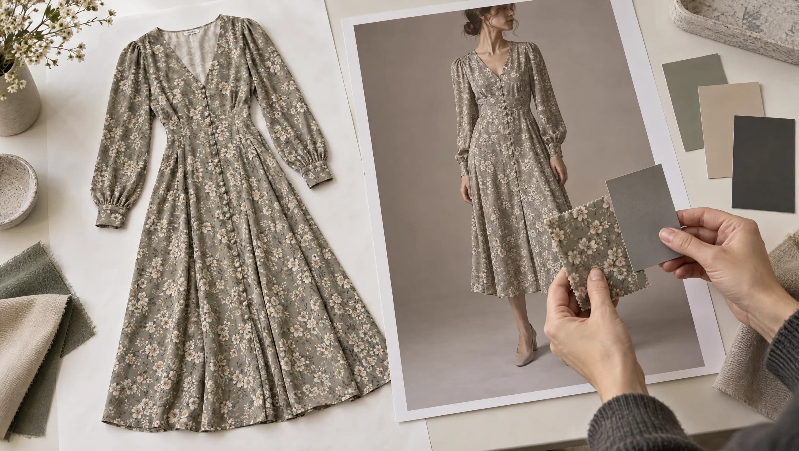 Adult printed dress as a flat-lay beside a proof of the same dress on an adult model, with a reviewer's hands, a fabric swatch and blank tabs.