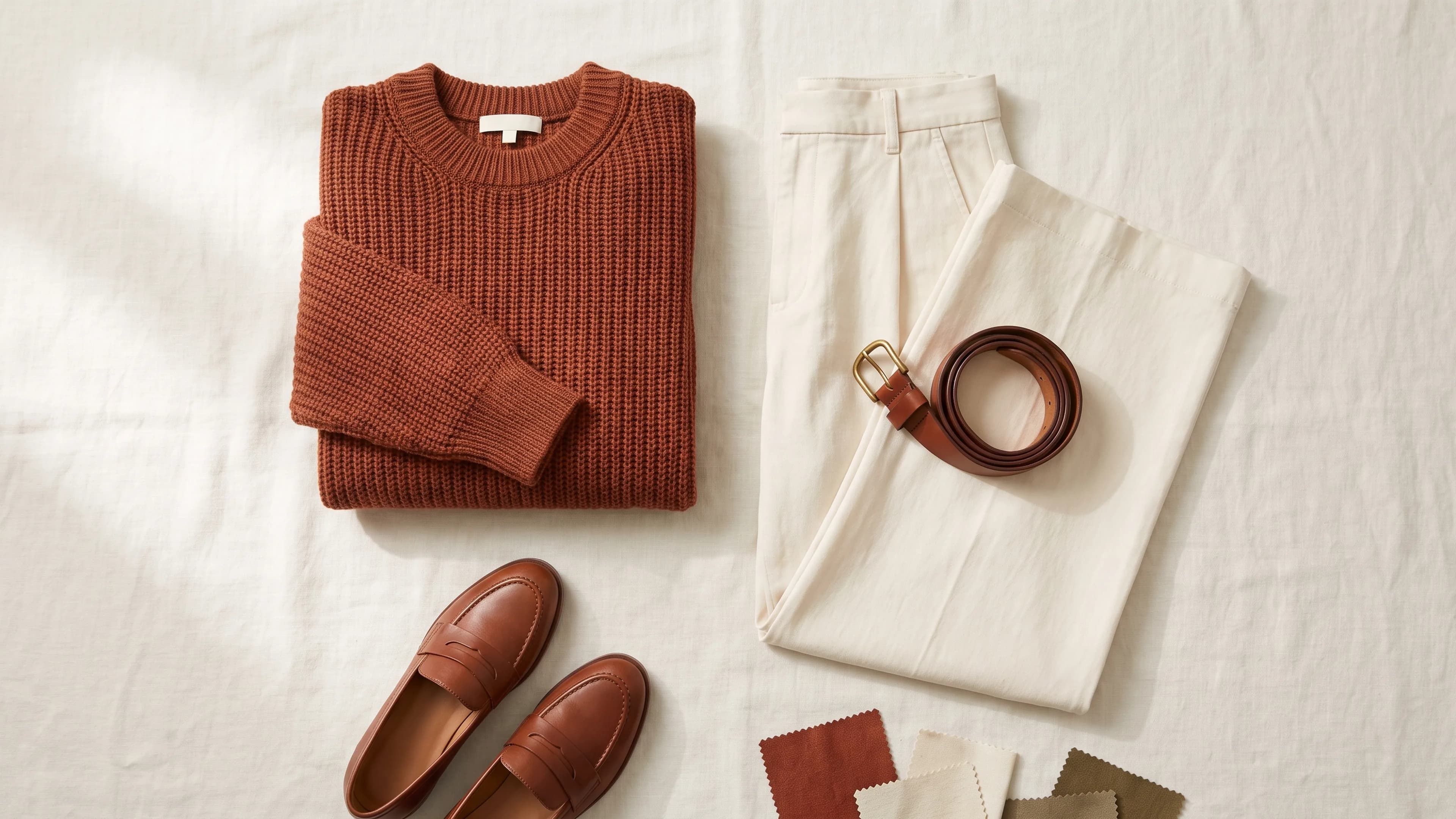 Overhead flat lay of a rust knit sweater, cream wide-leg trousers, a brown leather belt and loafers with fabric swatches on ivory linen.
