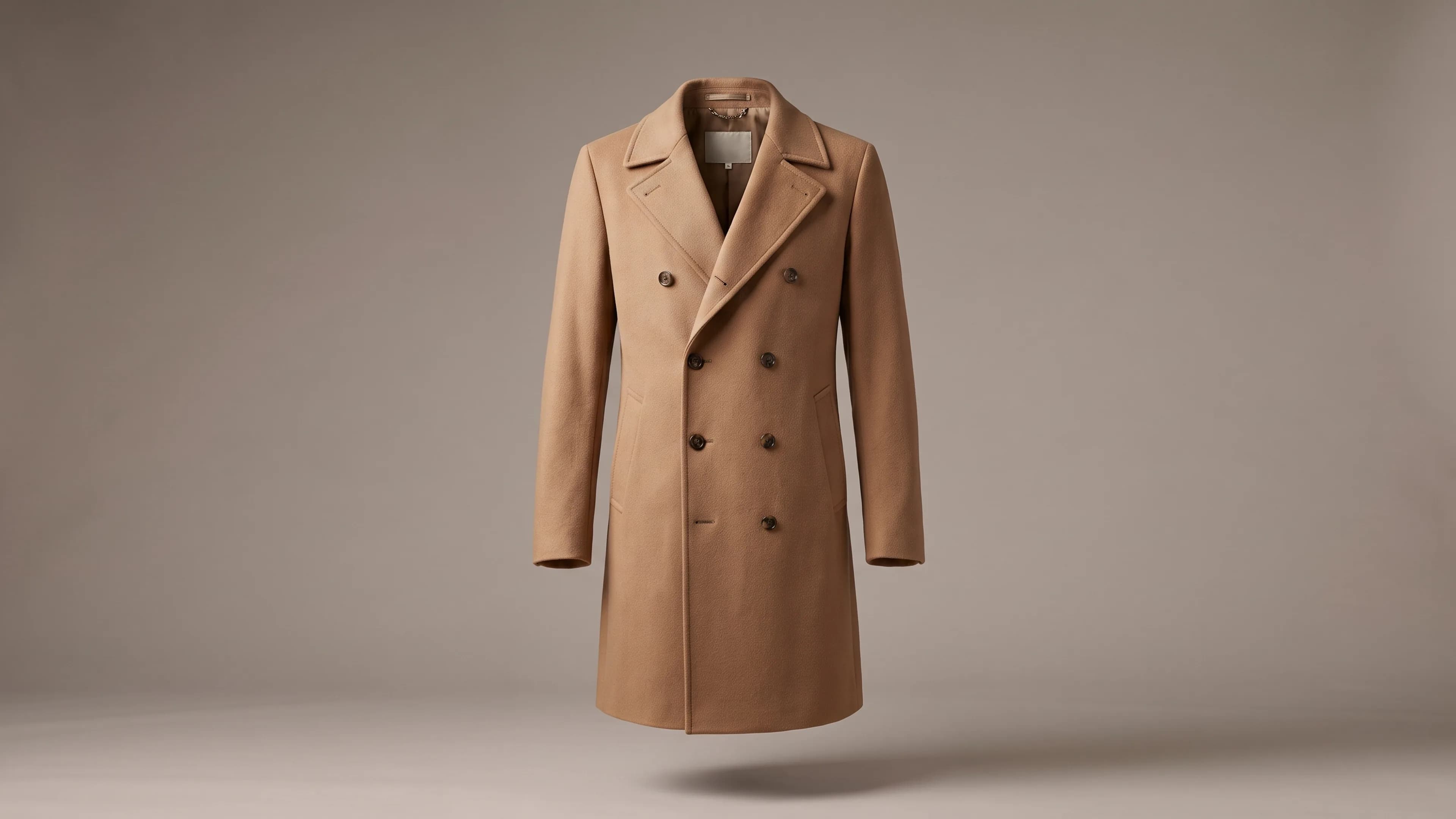 Camel double-breasted wool coat shown in ghost mannequin style, floating against a warm grey studio background.
