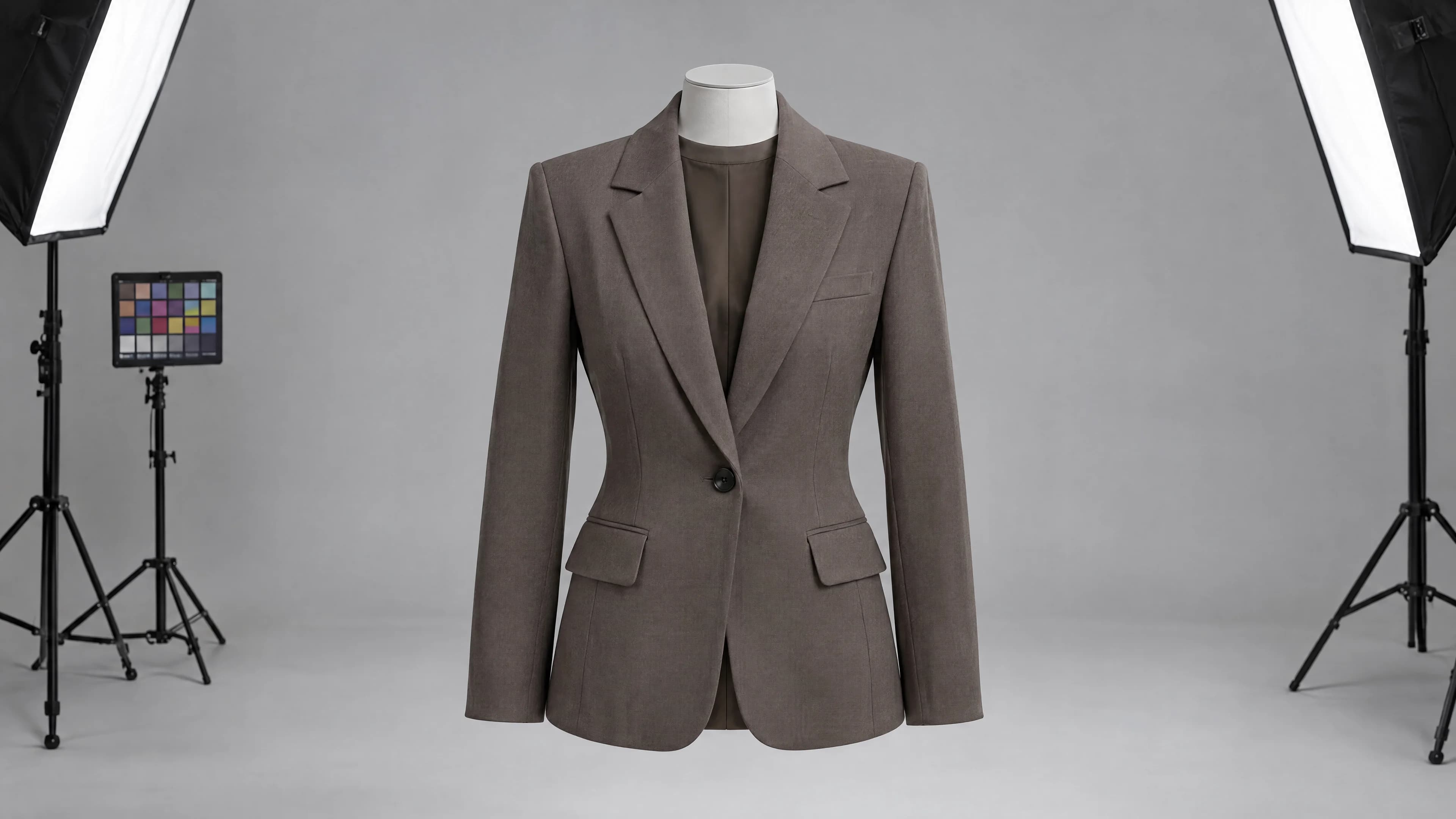 Adult taupe blazer shown as a ghost-mannequin studio still between two lights.