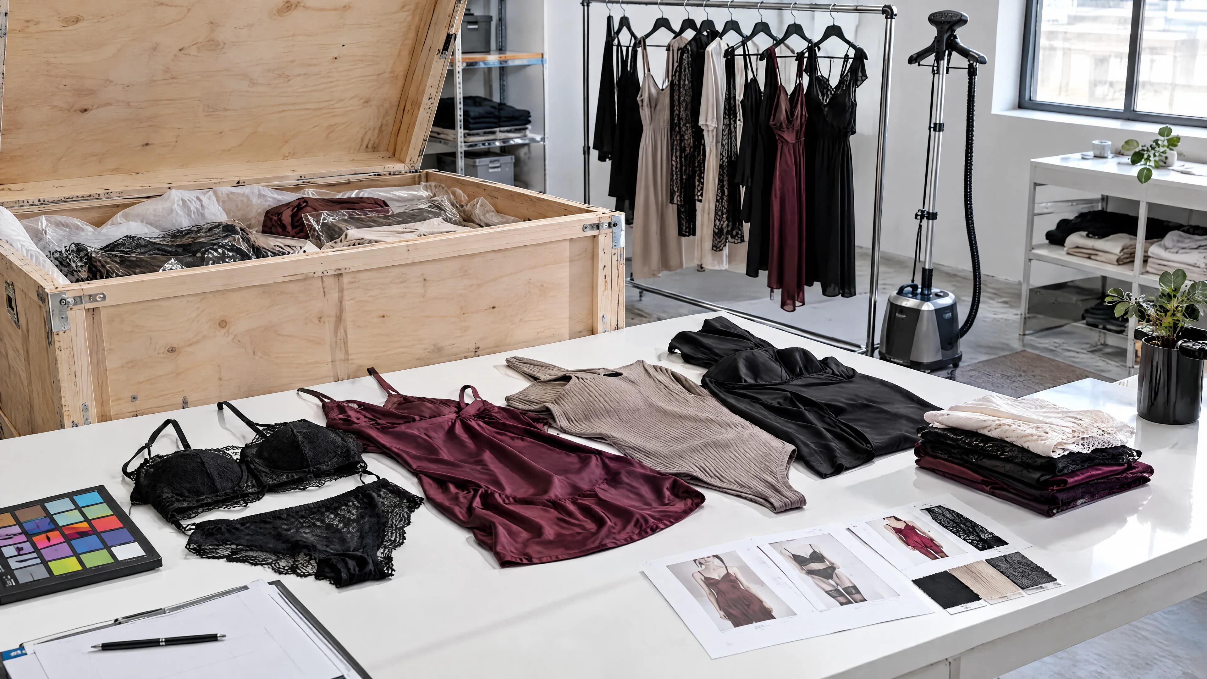 Studio intake table with a garment crate, adult womenswear on a rail, colour checker and reviewed stills.