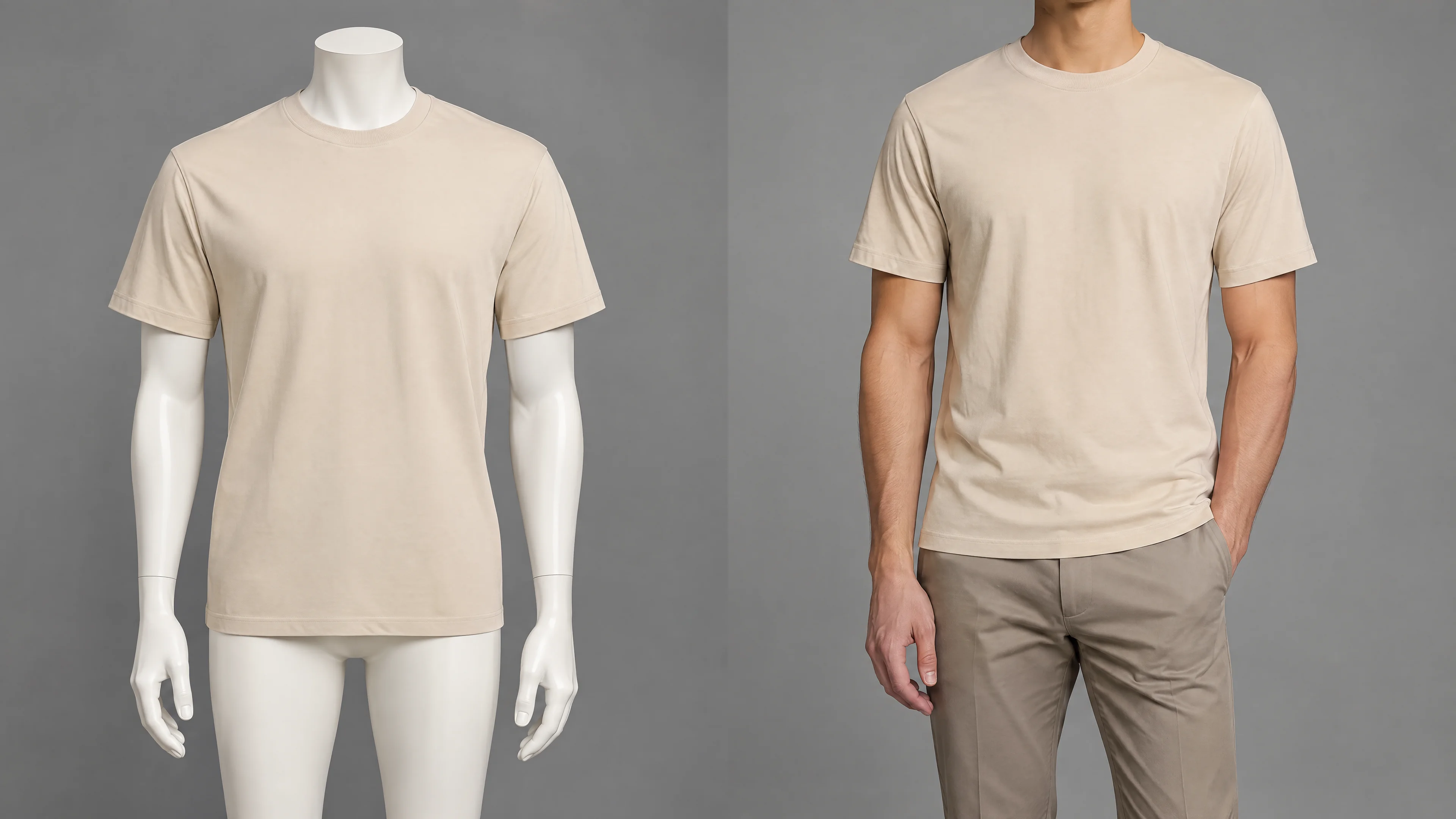 Adult beige T-shirt on a white mannequin beside the same T-shirt on an adult male model.