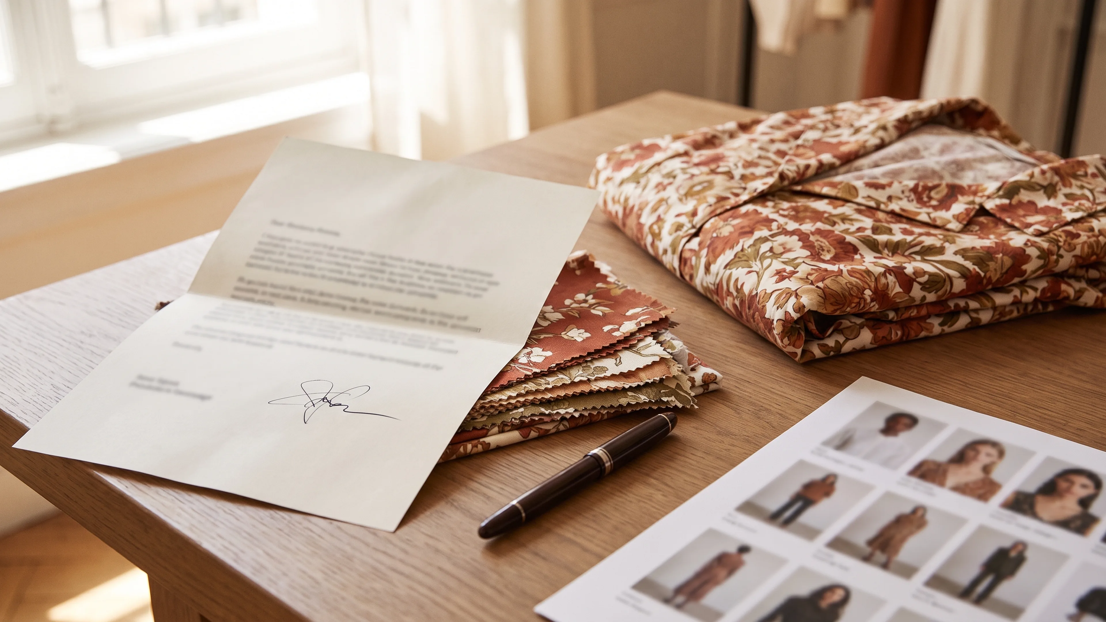 Signed model release on a wooden studio desk beside a folded rust floral garment, printed fabric swatches, a fountain pen and a contact sheet of on-model shots.