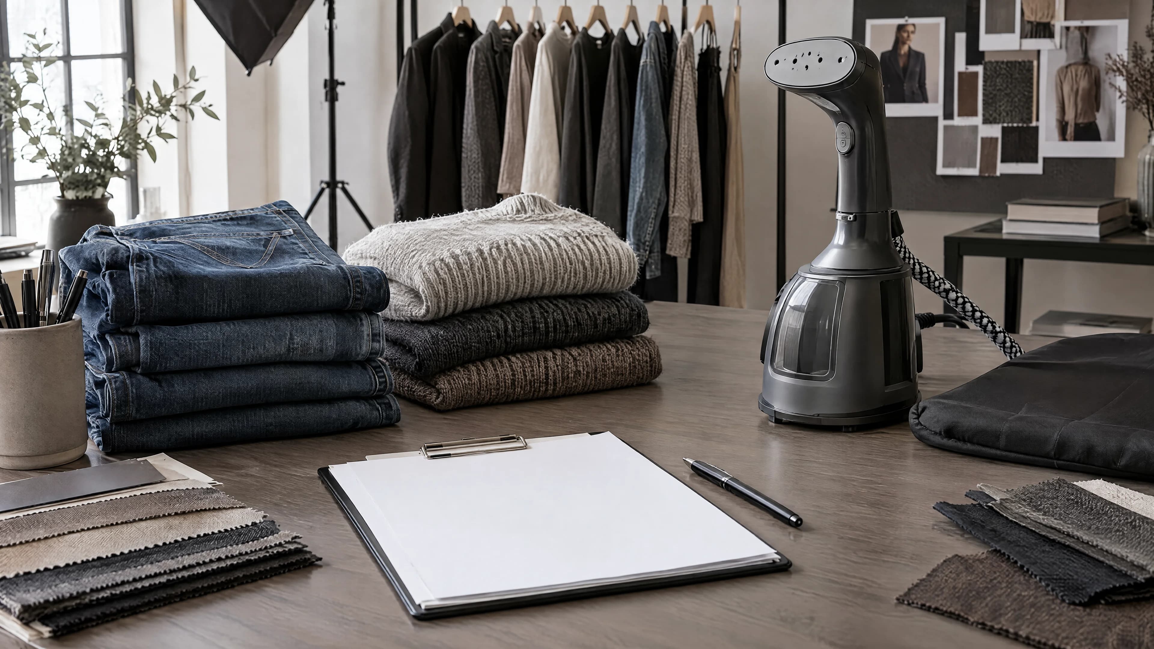 Adult fashion production desk with stacked jeans, knits, steamer, clipboard and fabric swatches.