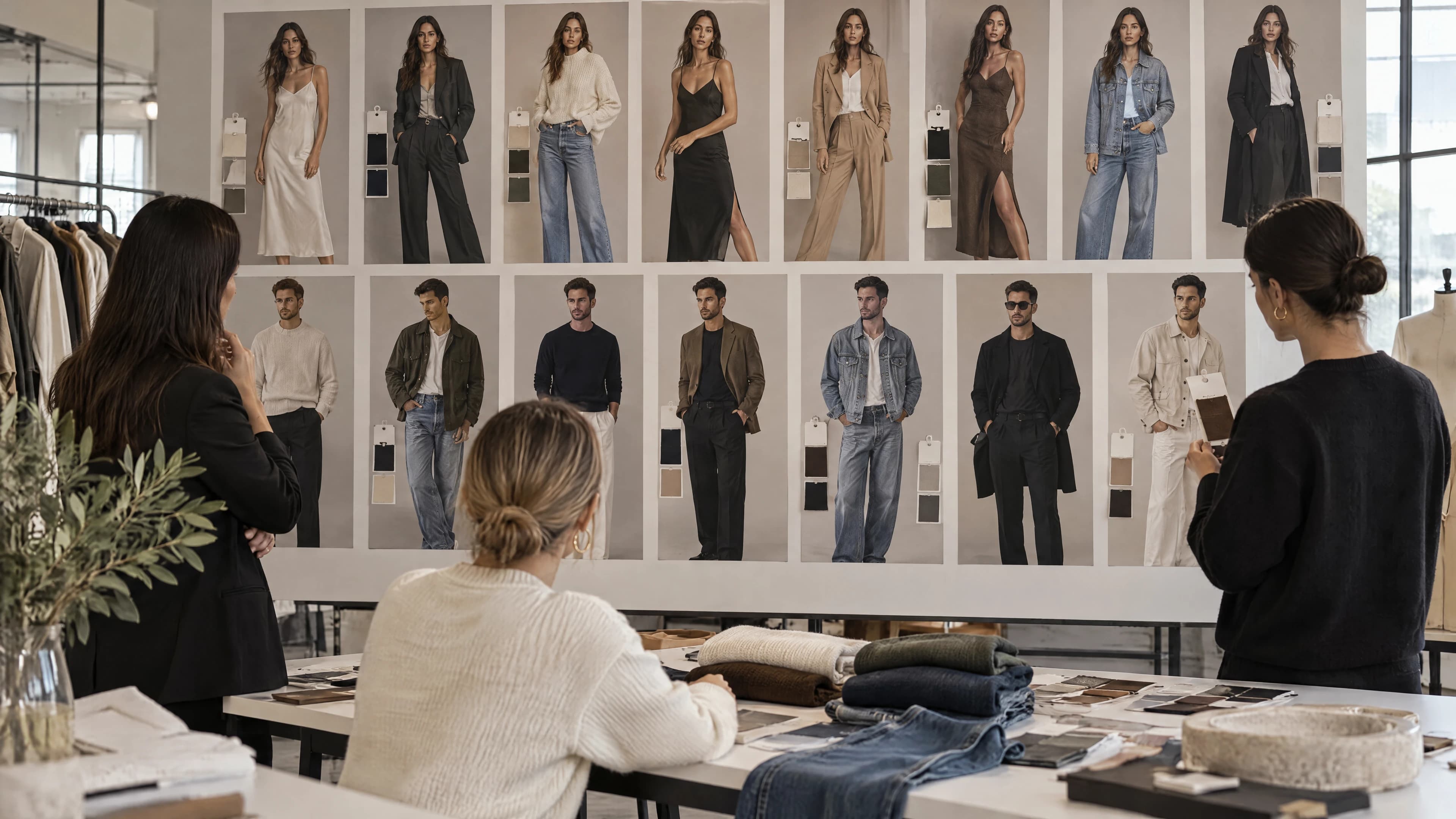 Adult woman in a navy blazer reviewing a wall of on-model fashion frames beside a laptop and printed catalogue plates.