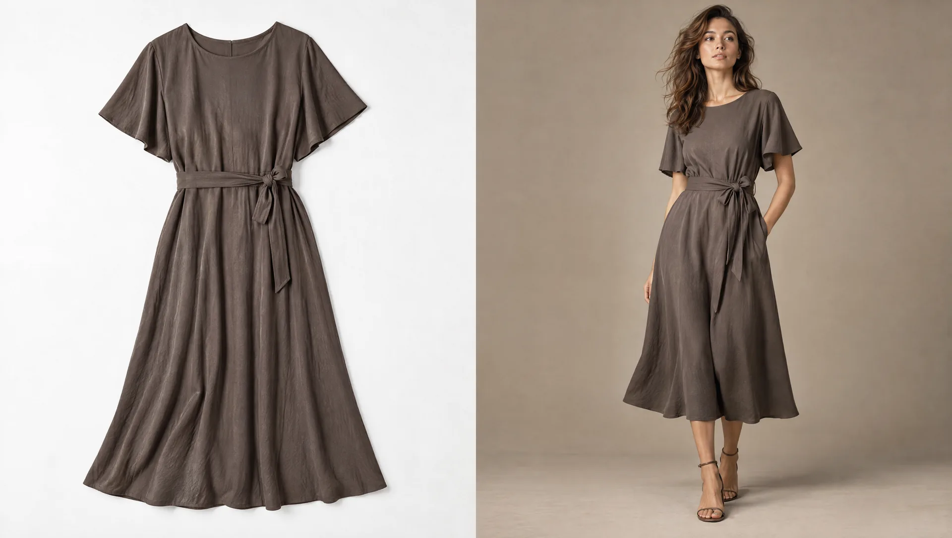 Adult taupe midi dress as a clean packshot on white beside the same dress worn by an adult model in a muted studio.