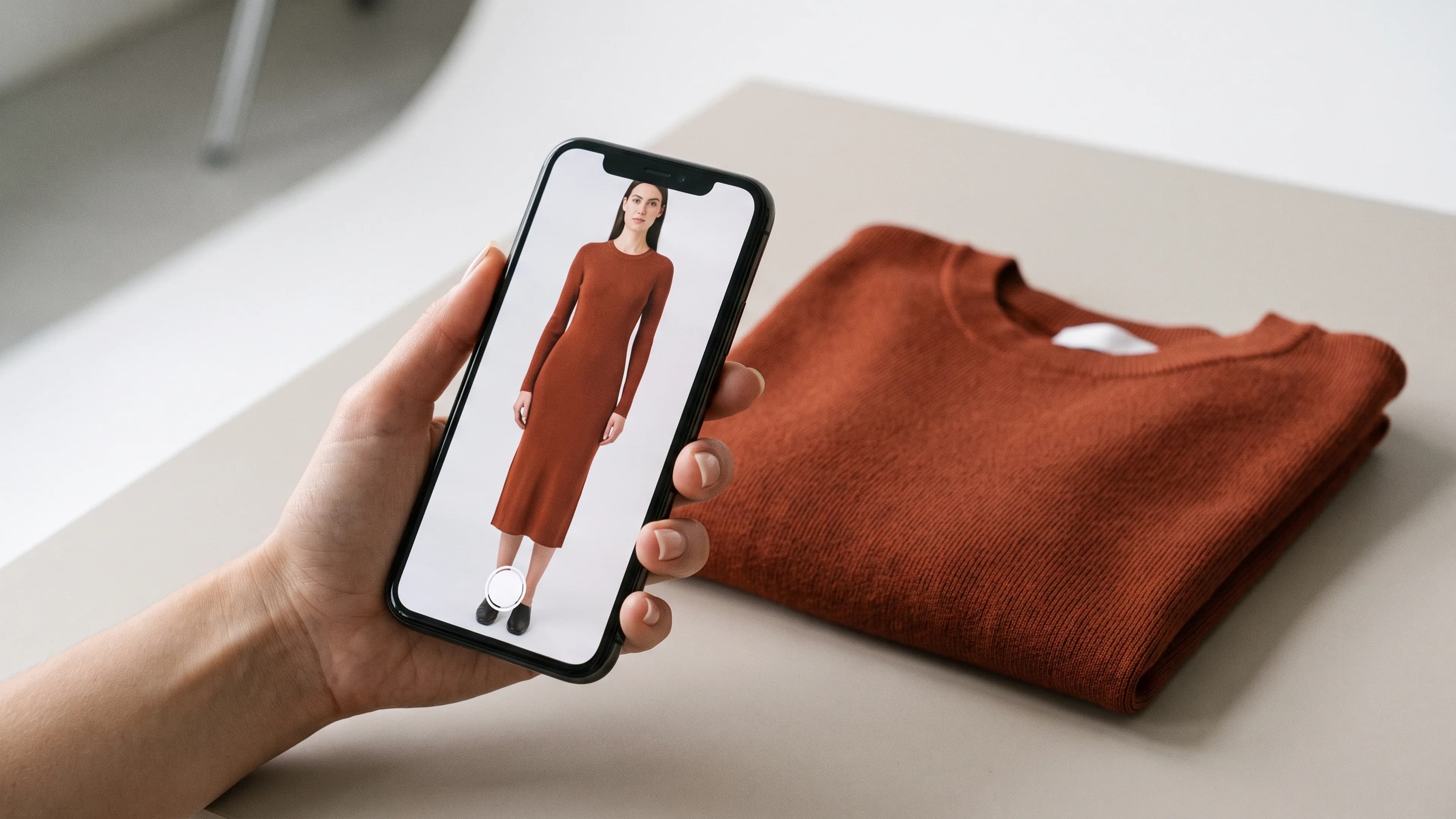 Hand holding a smartphone showing a virtual try-on of a rust knit dress on an adult woman, beside the folded garment on a studio table.