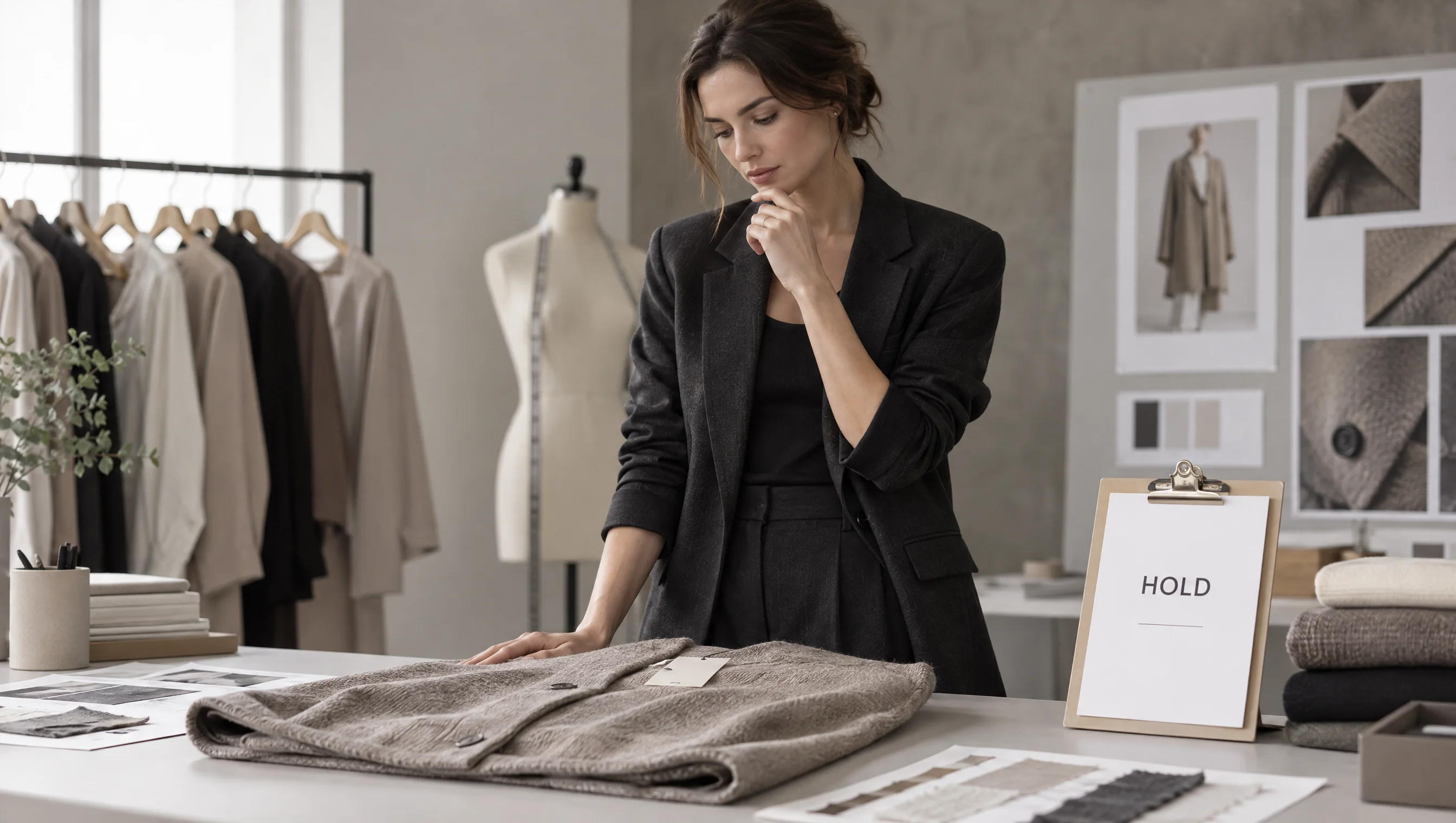Adult woman in a navy blazer at a QC desk, with a Hold stamp beside a photography still and an AI fashion frame of the same outfit.
