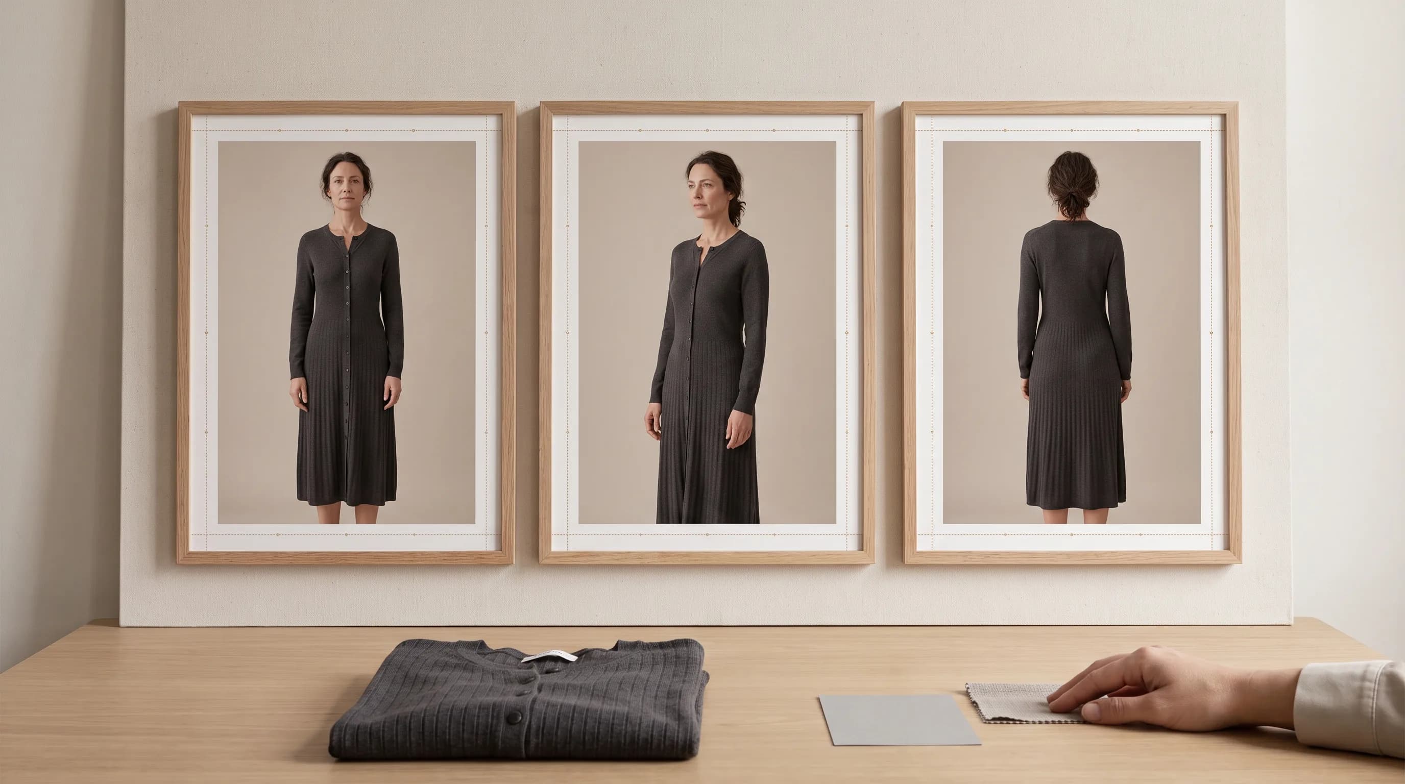Three framed catalogue views of the same adult model in a charcoal knit midi dress, front, three-quarter and back, above the folded dress, a grey card and a fabric swatch under a reviewer's hand.