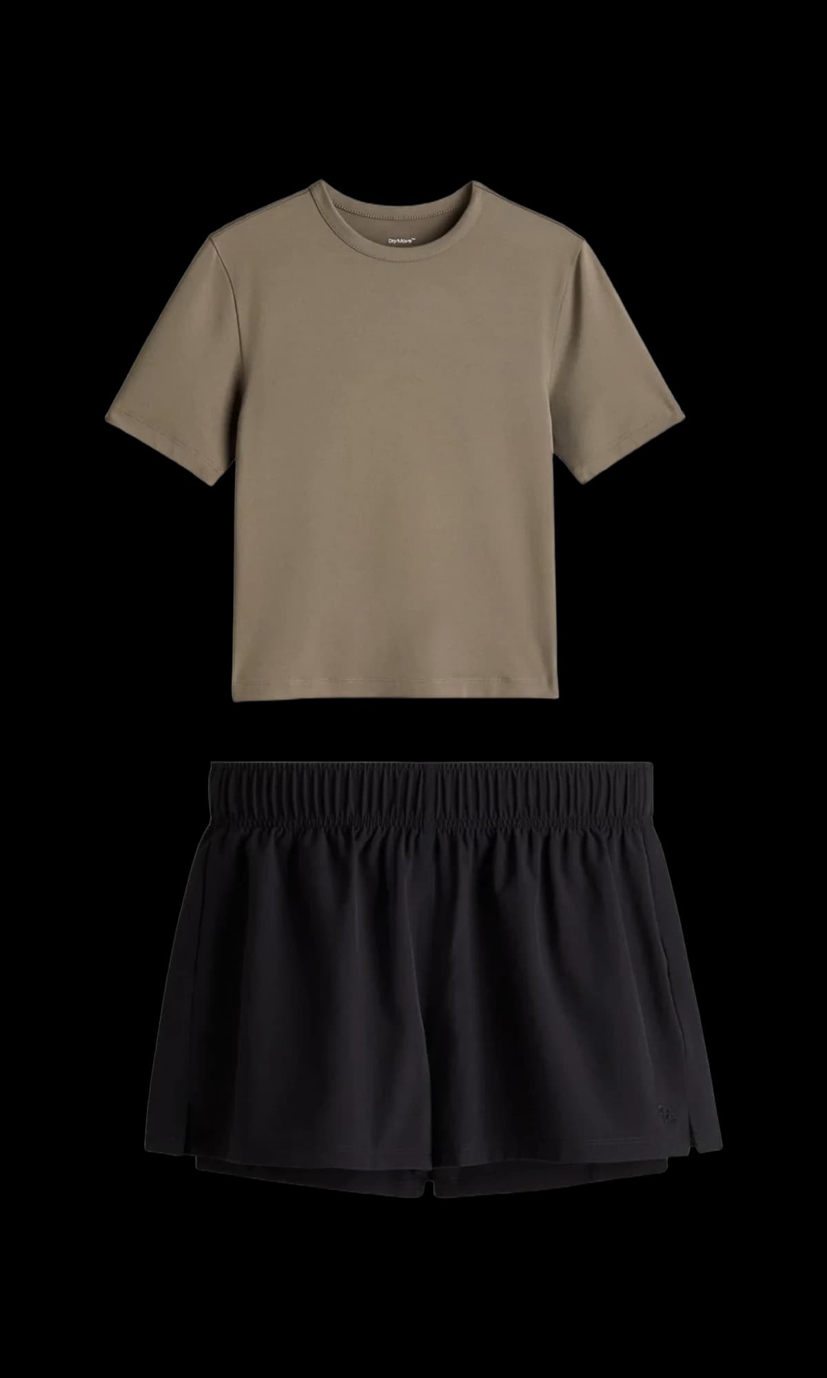 Taupe T-shirt and black shorts product source for the catalogue set
