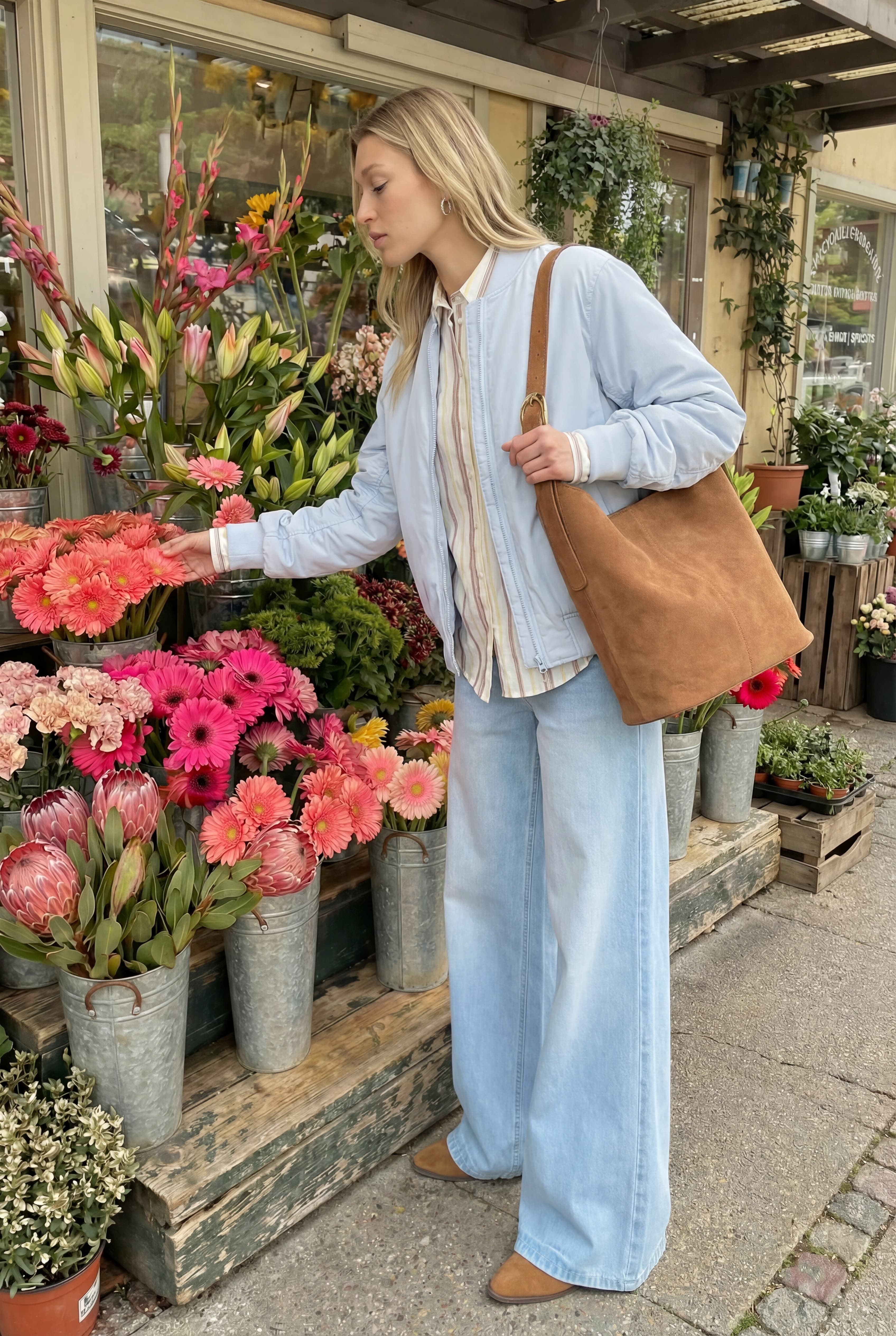 Fashion campaign portrait beside a flower market