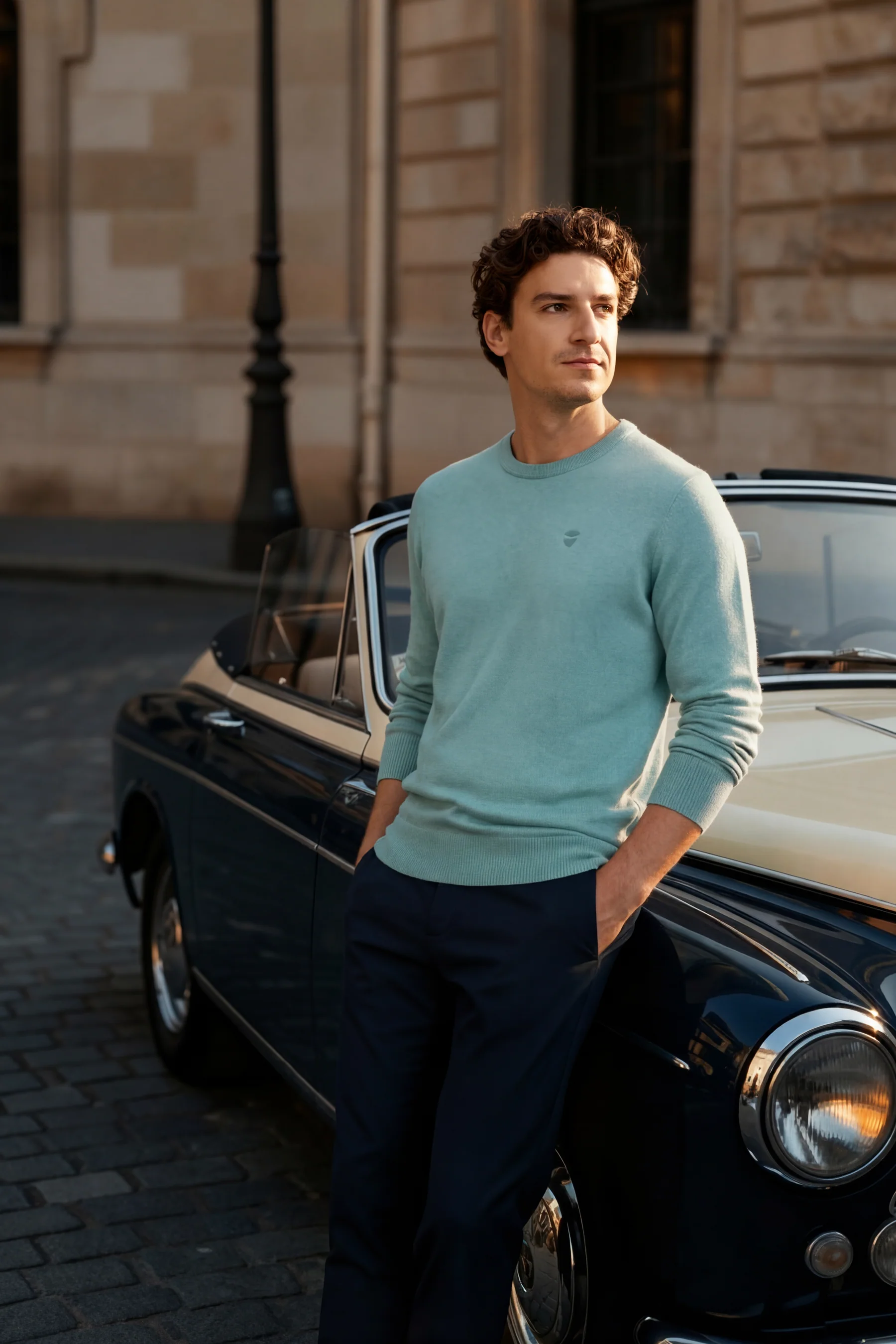 Fashion campaign image of a model in a mint sweater beside a vintage car