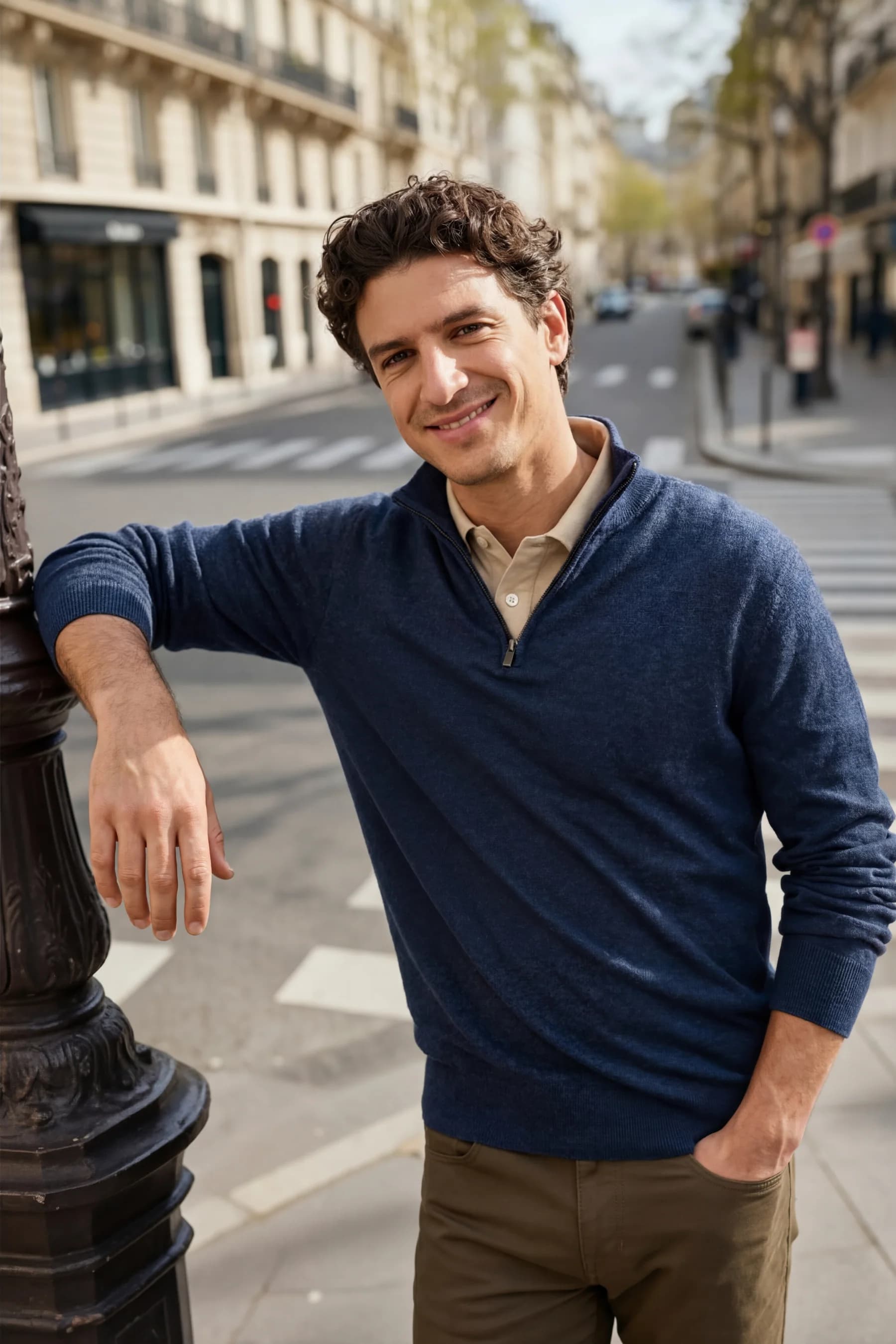 Close fashion campaign portrait of a model in a navy sweater