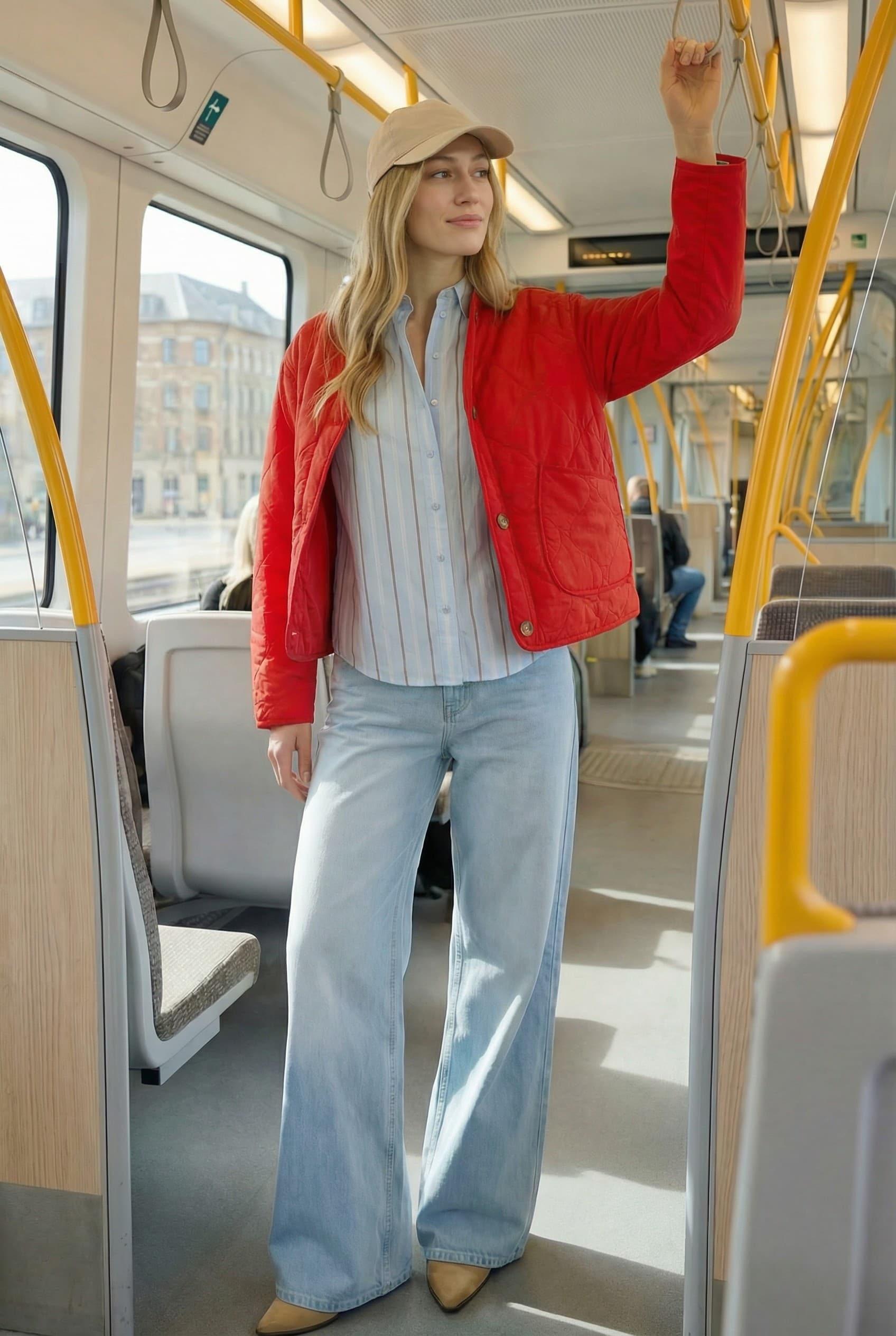 Front PDP-style view of a model wearing a red quilted jacket