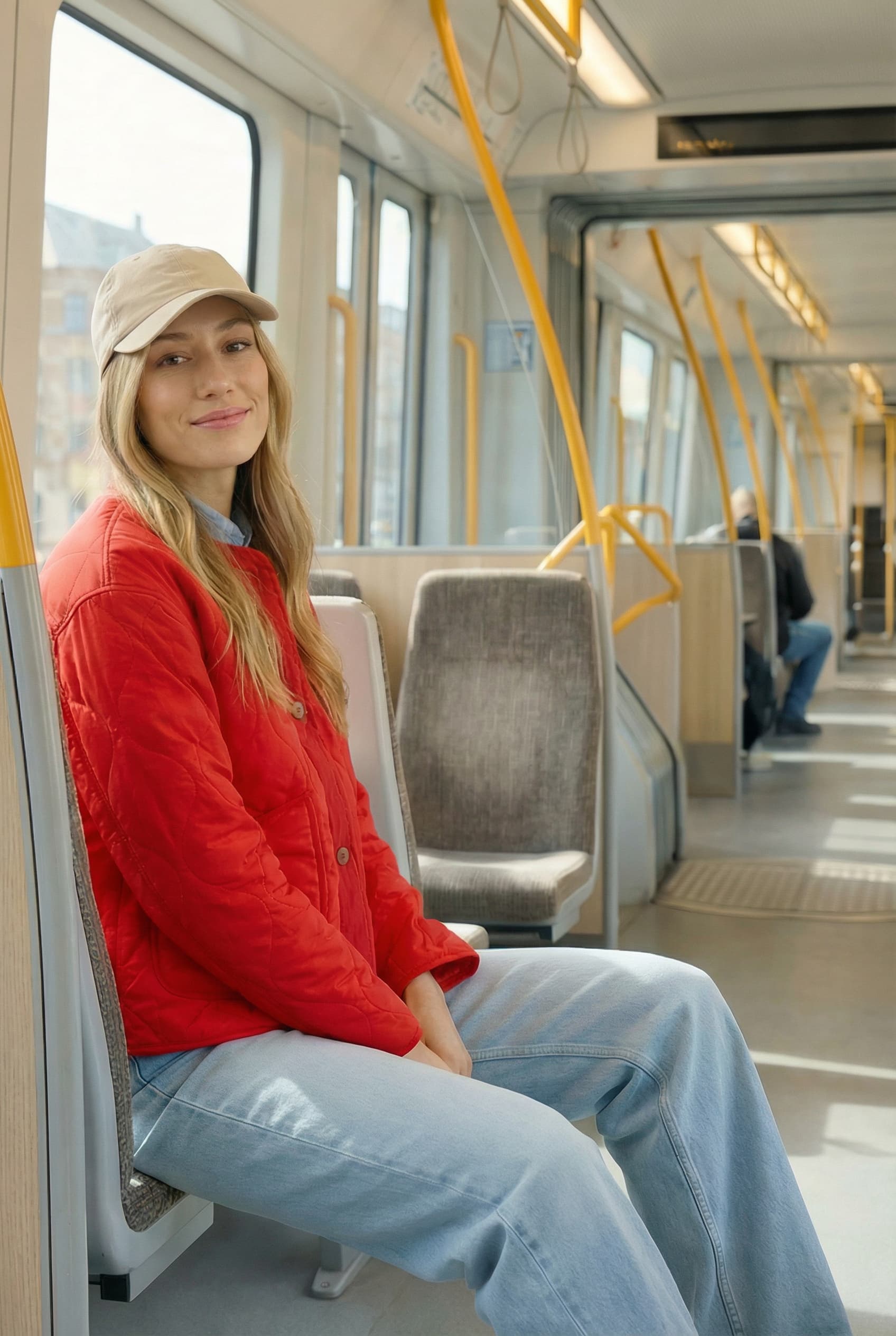 Seated PDP-style view of a model wearing a red quilted jacket