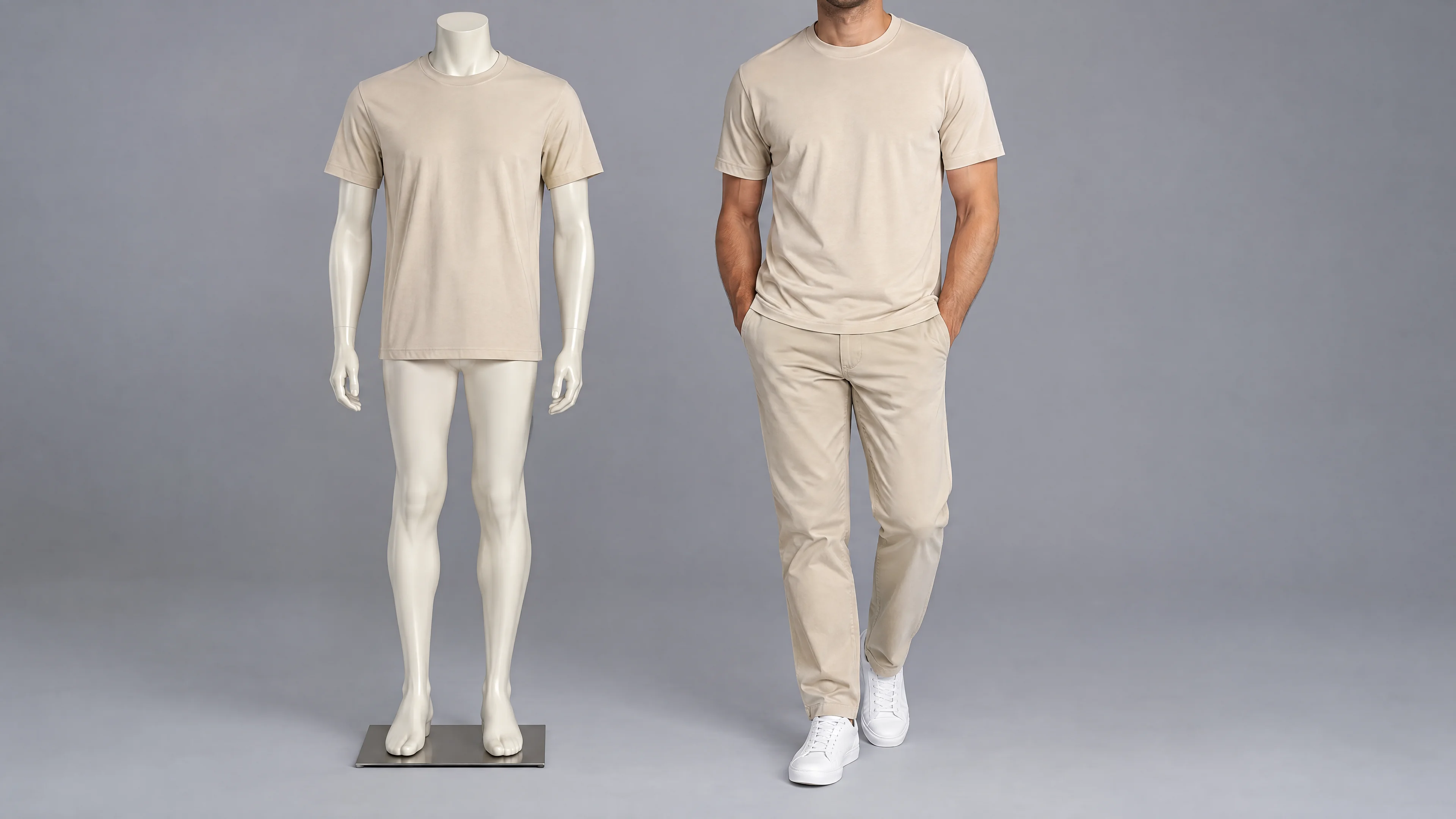 Adult mannequin and adult male model wearing a plain beige T-shirt in a catalogue studio.