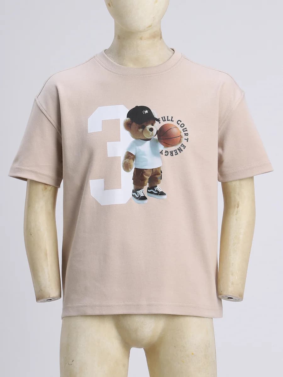 Beige graphic T-shirt shown on a neutral product mannequin.