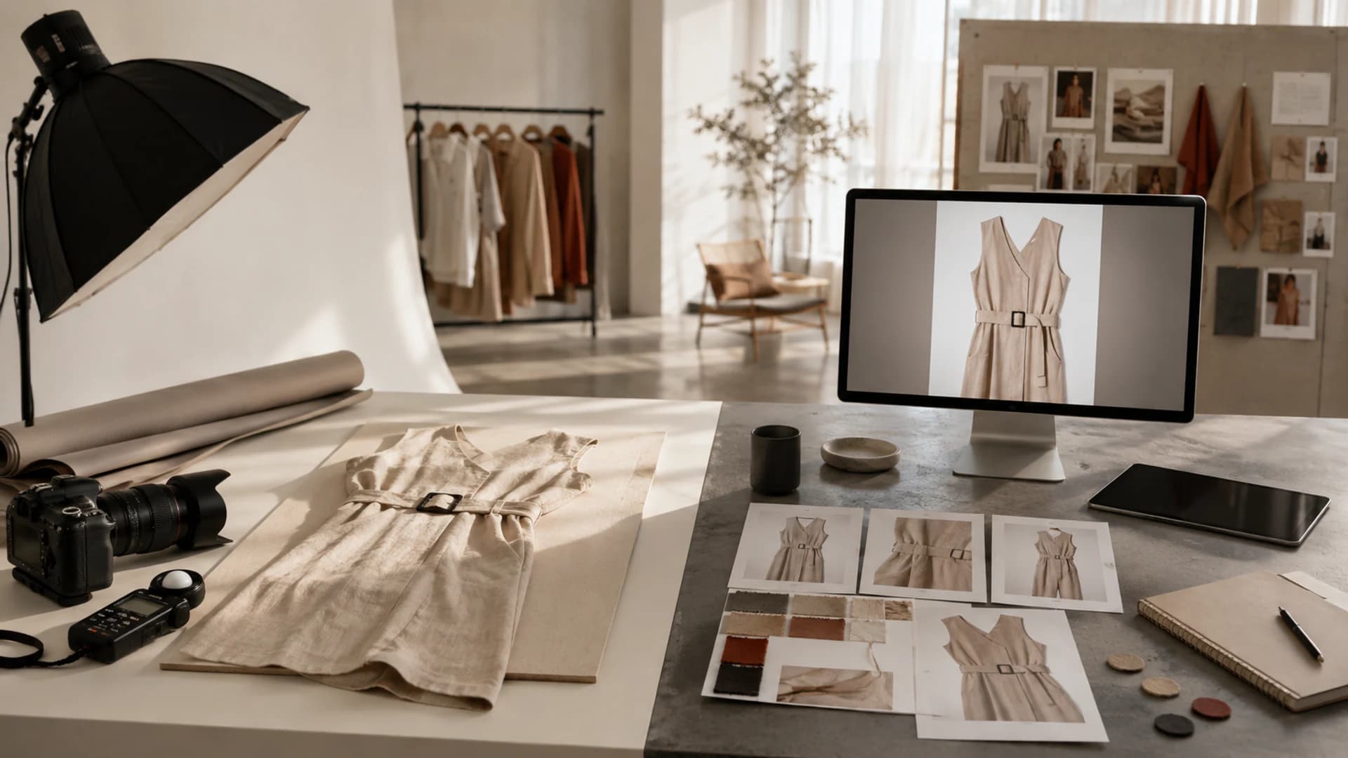 Fashion studio combining a physical garment shoot with a reviewed digital production workflow.