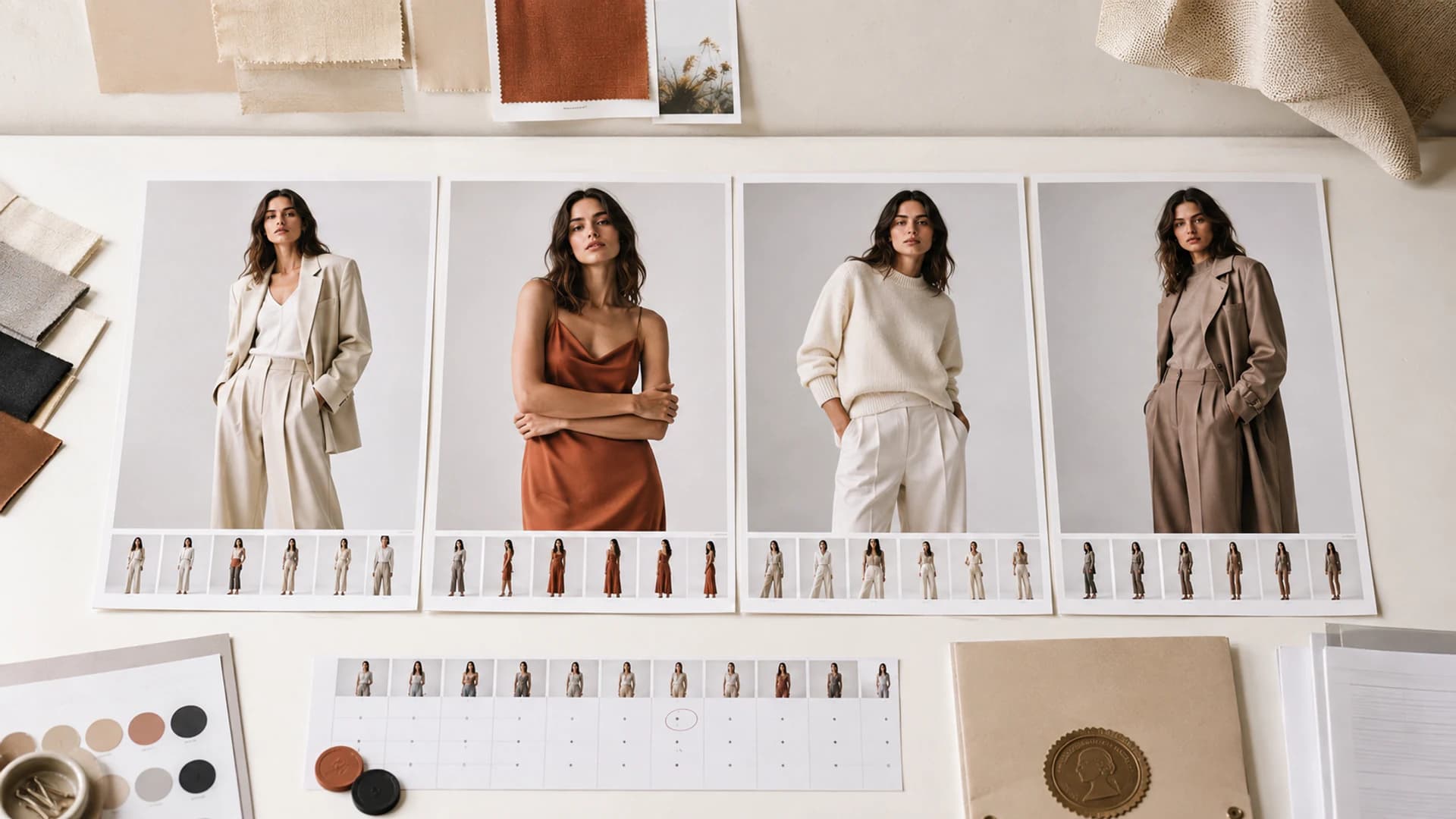 Contact sheets show one fictional adult fashion model consistently across four seasonal looks.