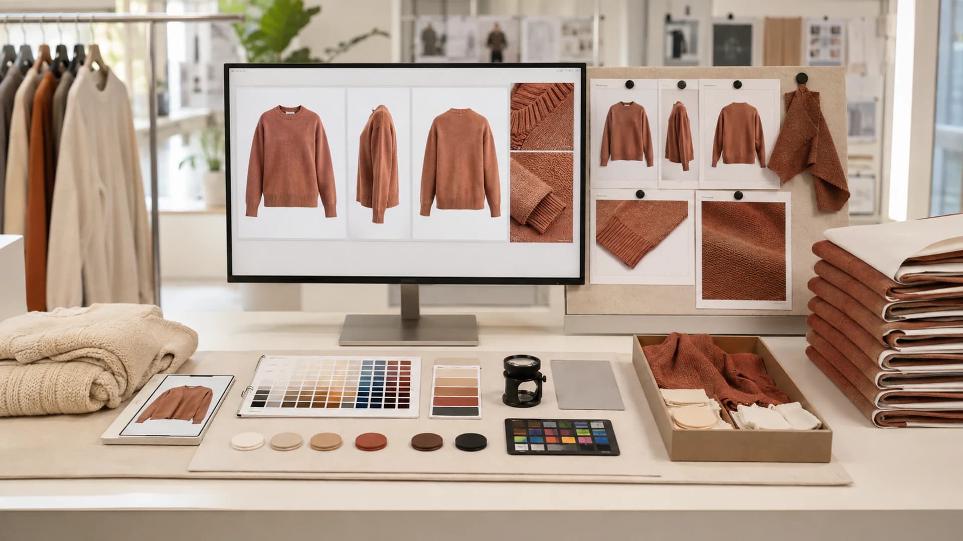 Enterprise fashion quality-control station comparing garment views, fabric references and approved delivery stacks.
