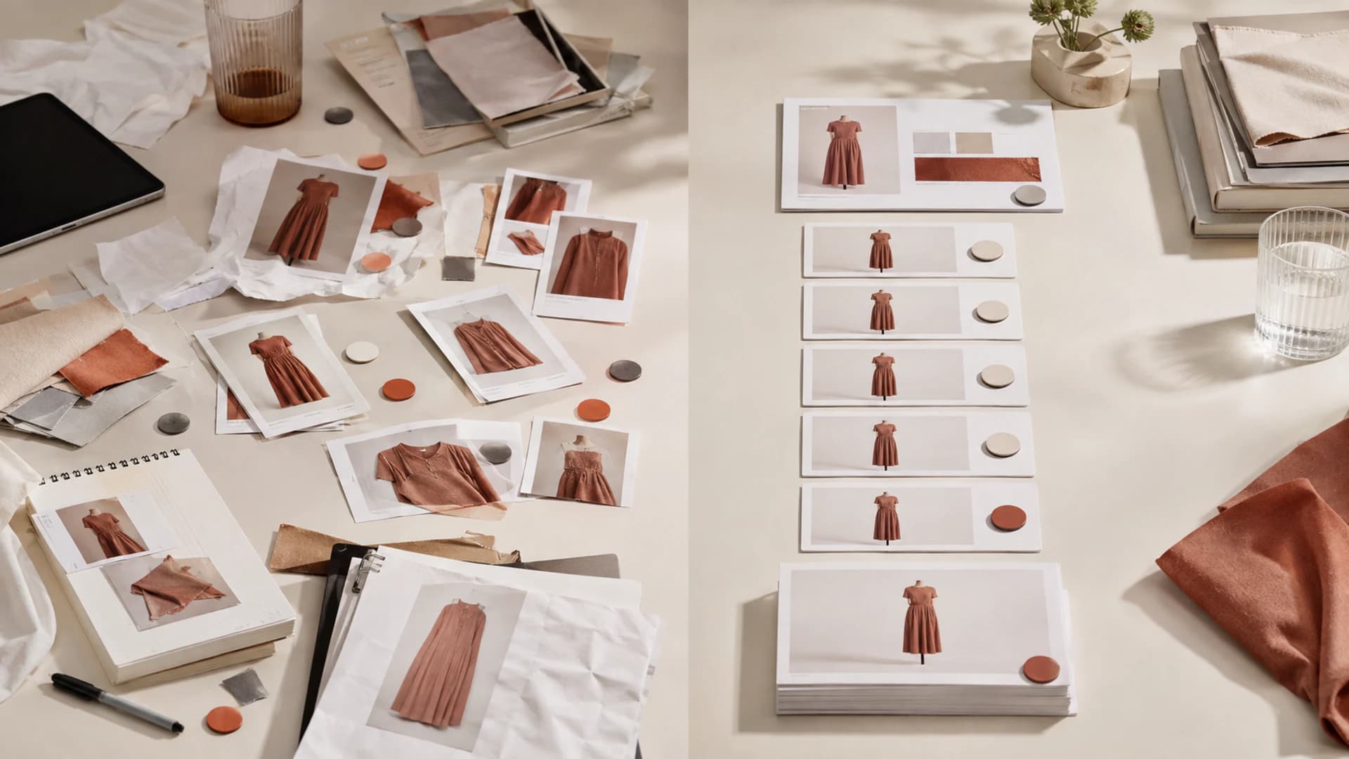 Two fashion image production workflows contrast scattered self-service work with an ordered managed delivery lane.