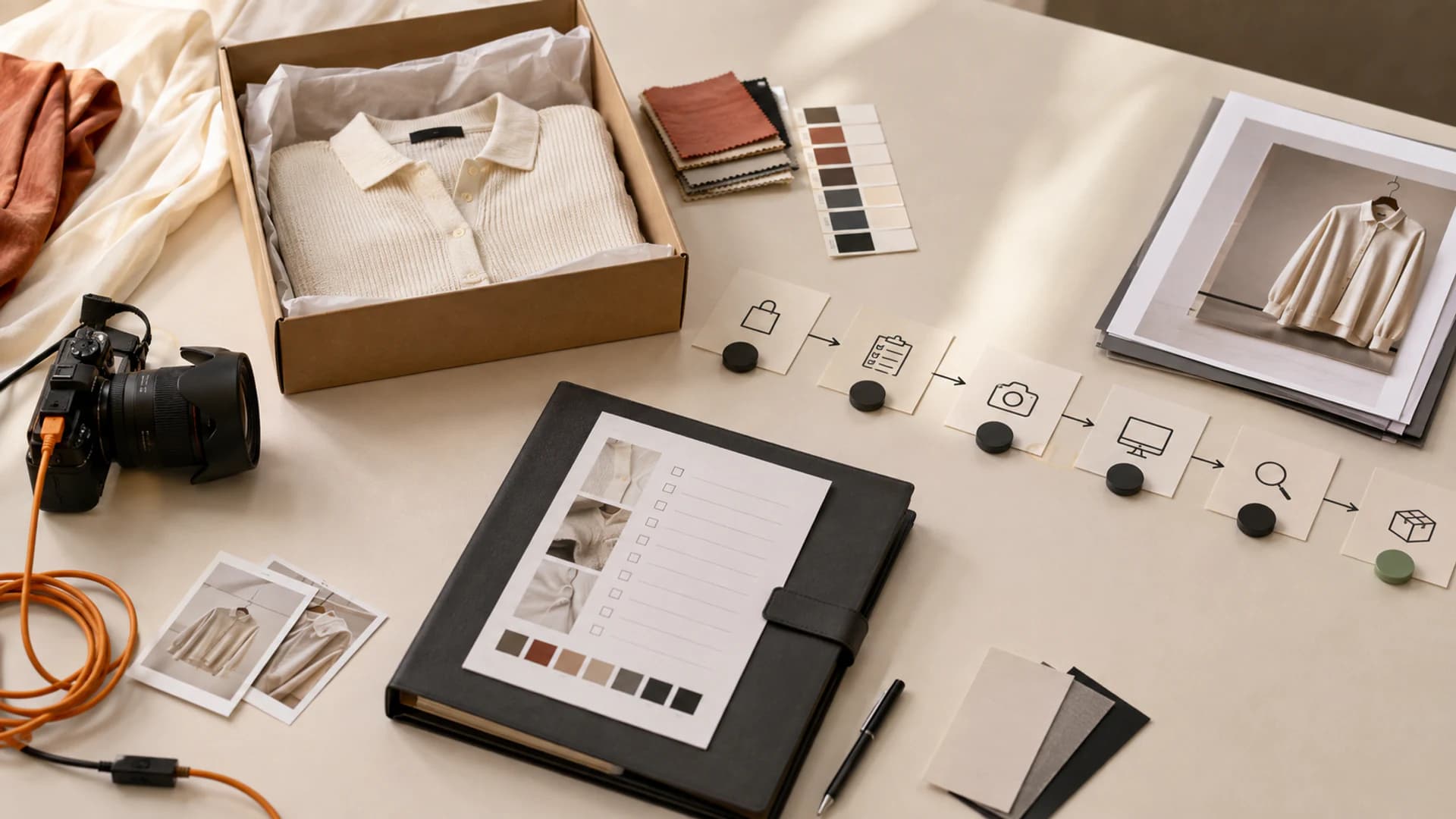 Fashion production handoff desk with a garment sample, brief, workflow cards and approved image stack.